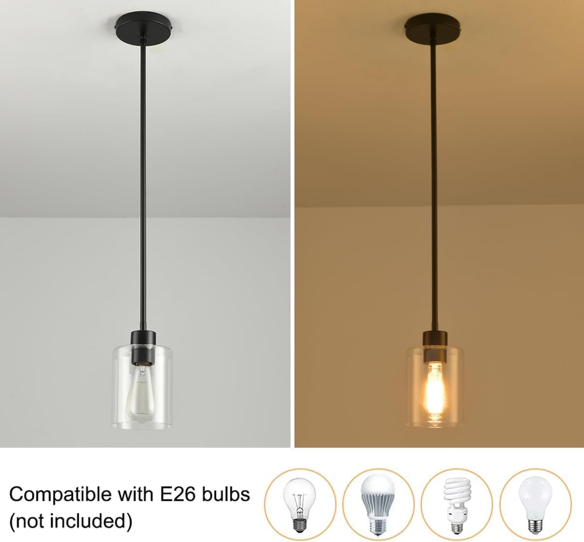 Black Pendant Lights Kitchen Island,Modern Farmhouse Glass Pendant Light,Light Fixture Kitchen Pendant Mini Hanging Light Fixture for Sink (1 Pack Black stem Rod)