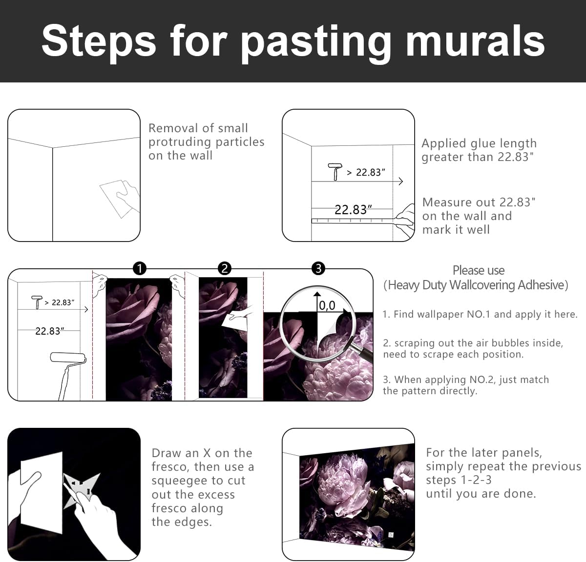 -Black Peony Purple Floral Botanical Fabric Wallpaper Living Room Bedroom Bathroom Dark Flowers Wall Mural- 91"x65"( not Peel and Stick)