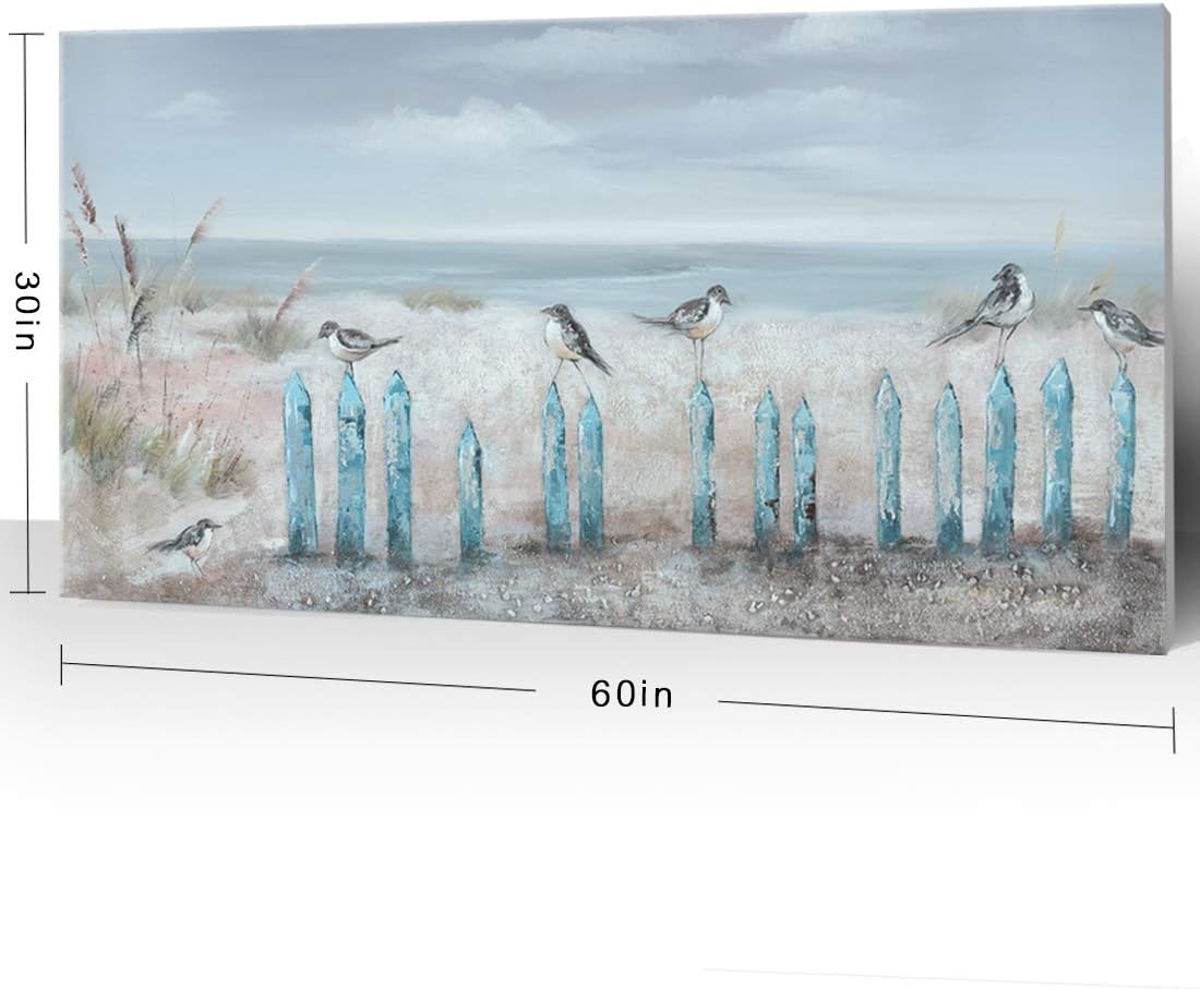 Big Wall Art for Living Room Extra Large Hand-painted Beach Oil Painting Ocean Sea Bird Seagull Canvas Artwork Framed Seascape Coastal Picture for Office Bedroom Decor 60 x 30 inch