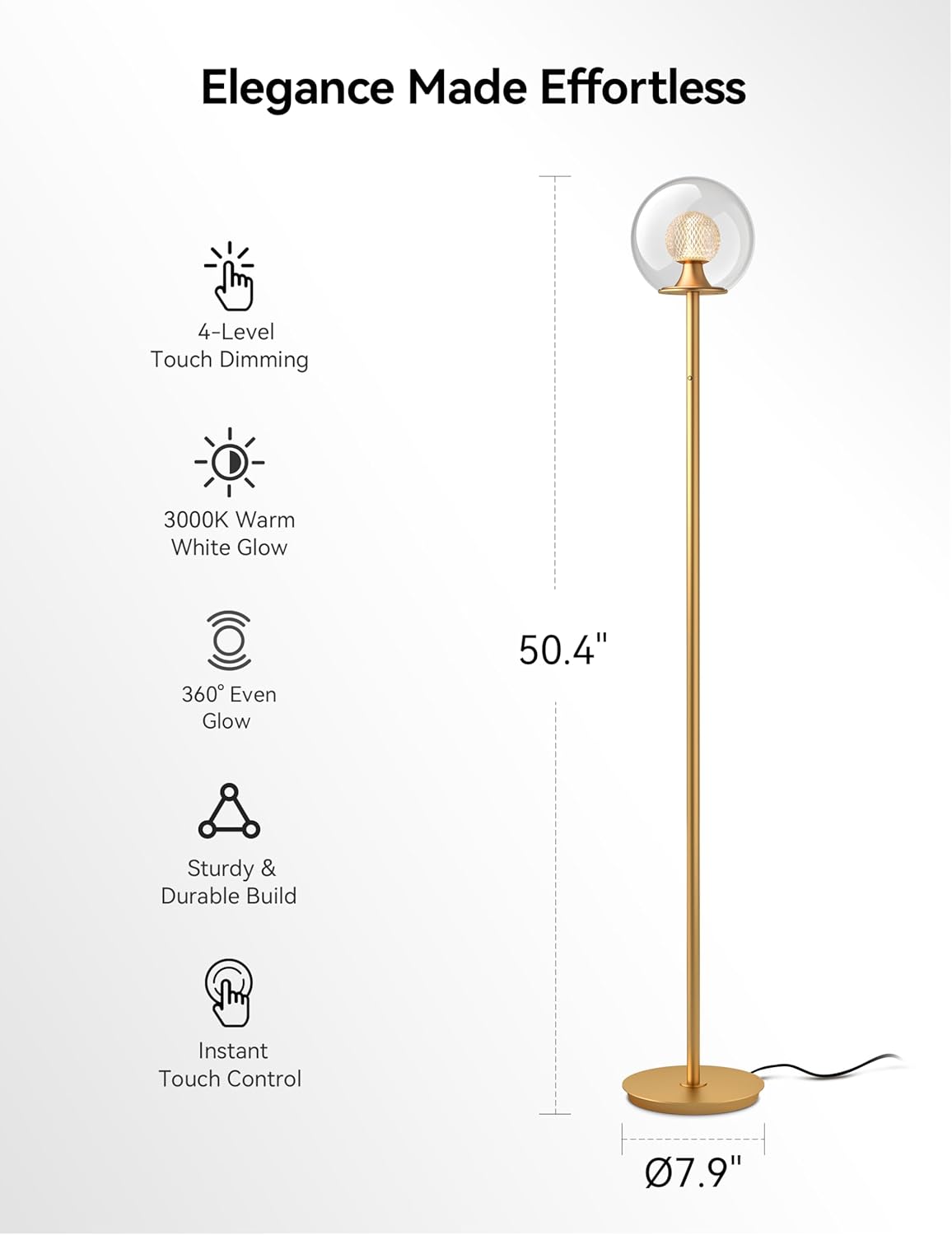 Tubicen Gold Floor Lamp with Dual-Globe Glass Shade Memory Function Art Decor 4-Stage Touch Control Dimmable Modern LED Corner Standing Floor Lamp for Bedroom Office Living Room Bedside