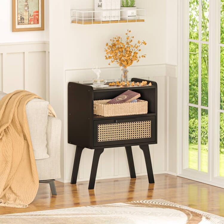 Lerliuo Rattan Nightstands Set of 2, Bedside Table with Drawer Open Shelf, Cane Accent Side End Table with Solid Wood Legs, Black Mid Century Night Stand for Bedroom, Dorm and Small Spaces