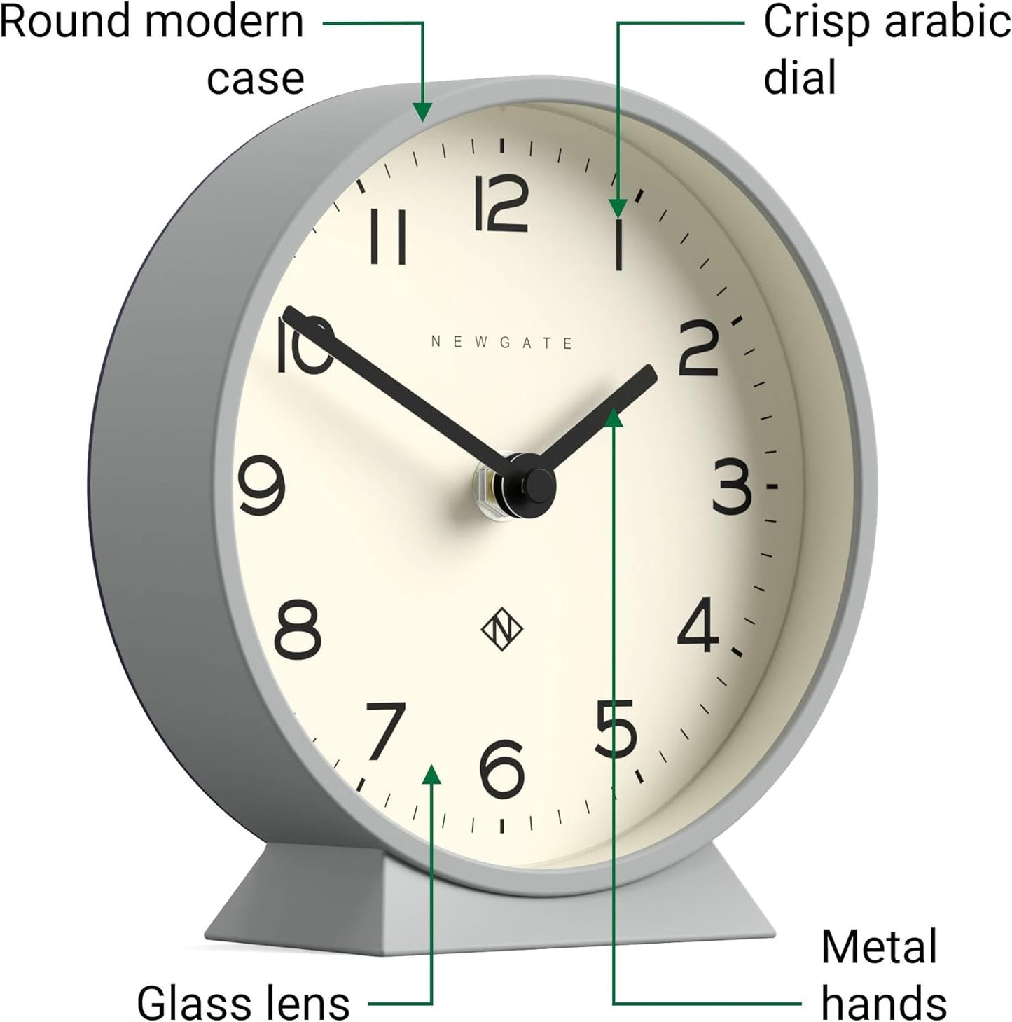 NEWGATE® M Mantel Echo Desk Clock | Modern Round Design | Posh Gray | Easy to Read Numbers | Contemporary Style for Desk, Table, Shelf or Bedside