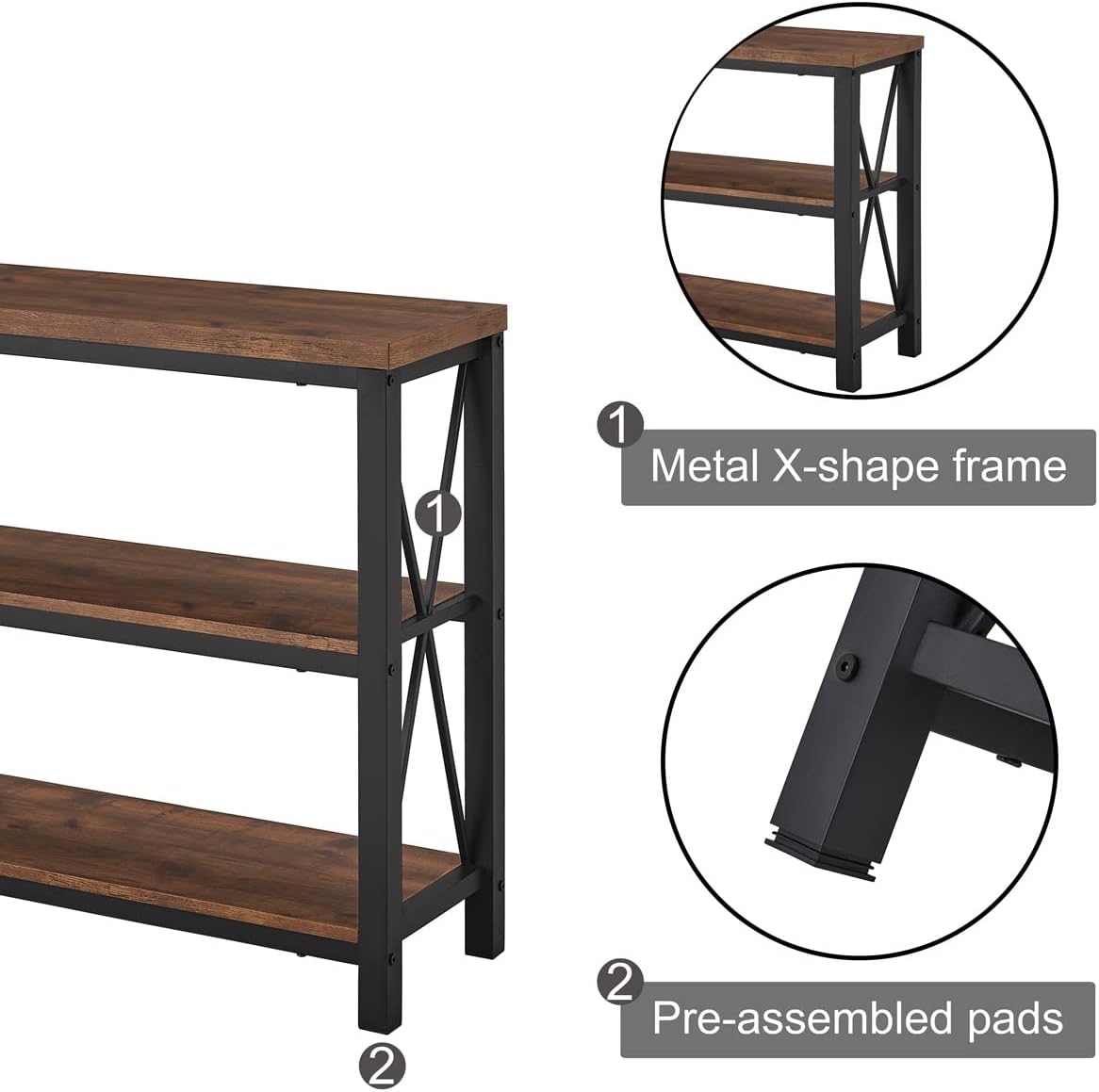 BON AUGURE Rustic Entryway Table, Farmhouse Hallway Table, Console Tables for Entryway, 3 Tier Sofa Tables for Living Room, Industrial Entry Table (47 Inch, Rustic Oak)