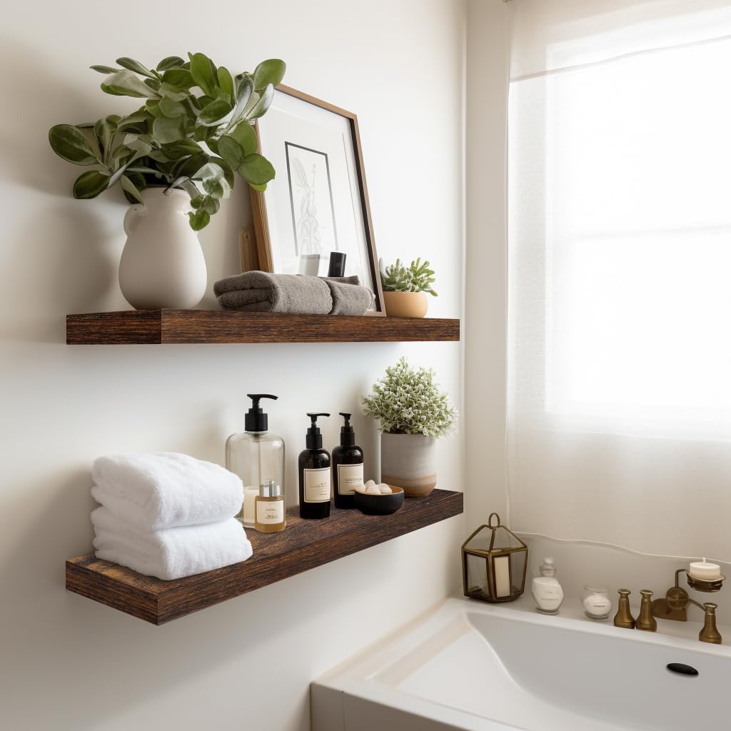 LaVie Home Floating Shelves, 24 Inch Wall Shelf Set of 2, Hanging Shelf with Invisible Brackets, Wall Decor for Bathroom, Bedroom, Living Room, Kitchen Storage, Rustic Brown