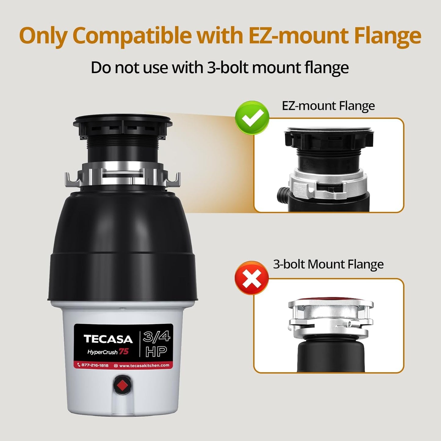 3/4 HP Corded Garbage Disposal for Kitchen Sinks, TECASA Continuous Feed Food Waste Disposer, Sound Reduction, Power Cord Included, Grey and Black - HyperCrush 75