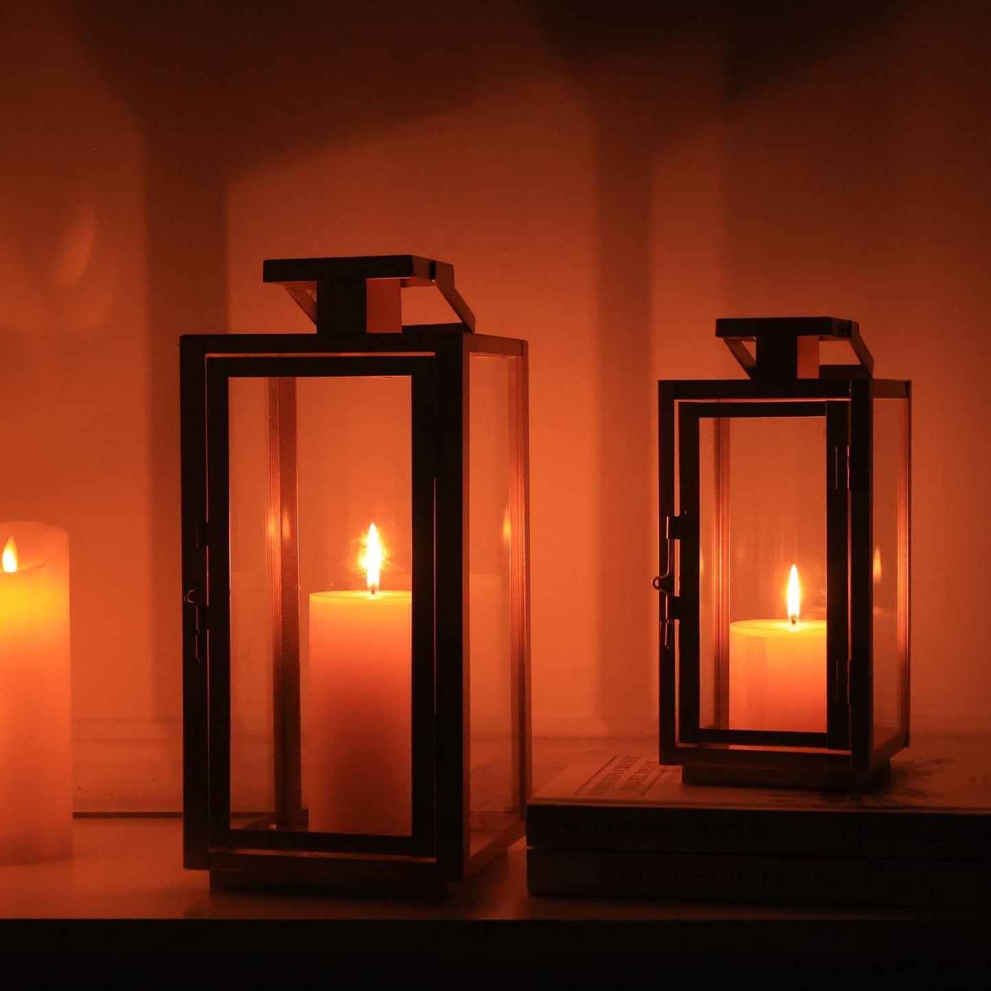 DECORKEY Fall Christmas Golden Decorations for Home, 17''&13'' Metal Candle Lanterns Decorative Outdoor&Indoor, Modern Hanging/Tabletop Candle Holders for Porch Patio Wedding Decor