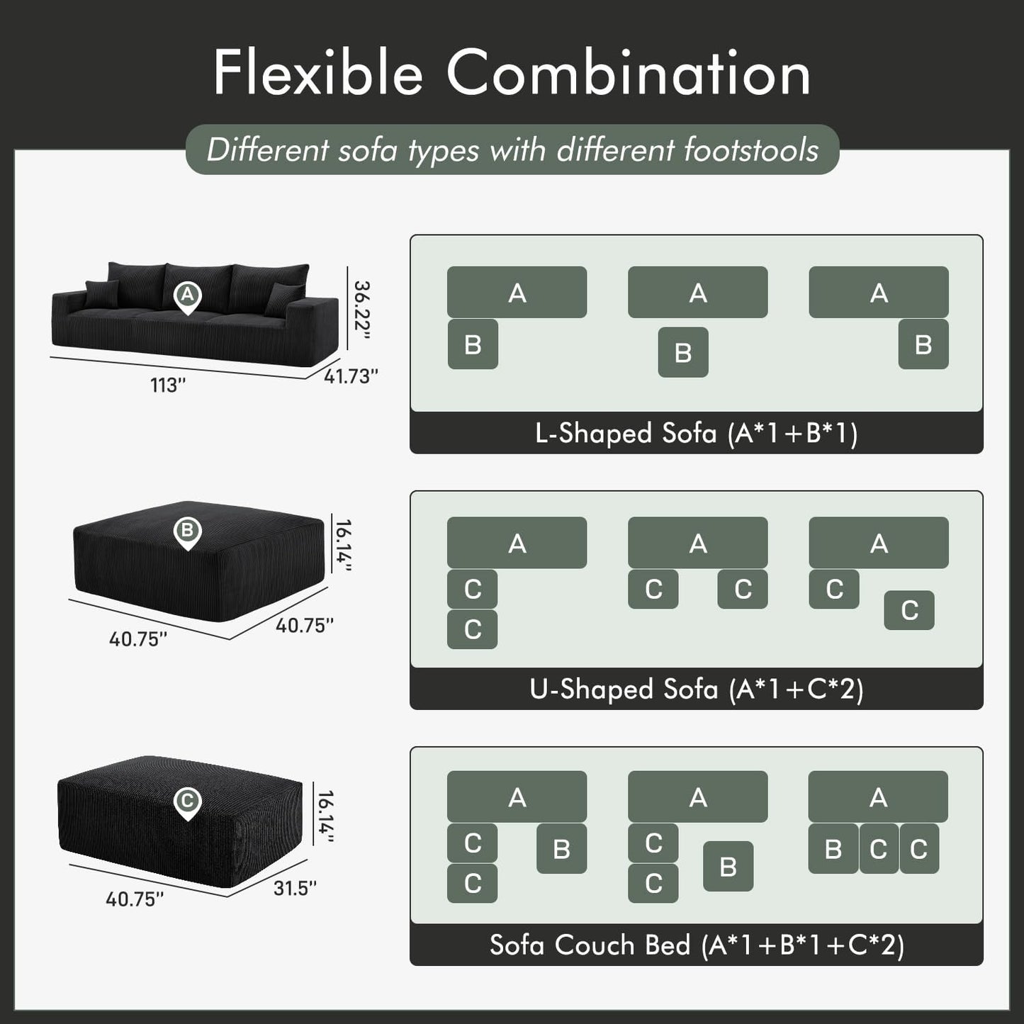 Boneless Sectional Cloud Couch Sofa Bed for Living Room, 112" Modular Modern Lounge 3 Seater Sleeper Black Couches with Chaise, No Assemble, Cordury Compression Upholstered Sofas