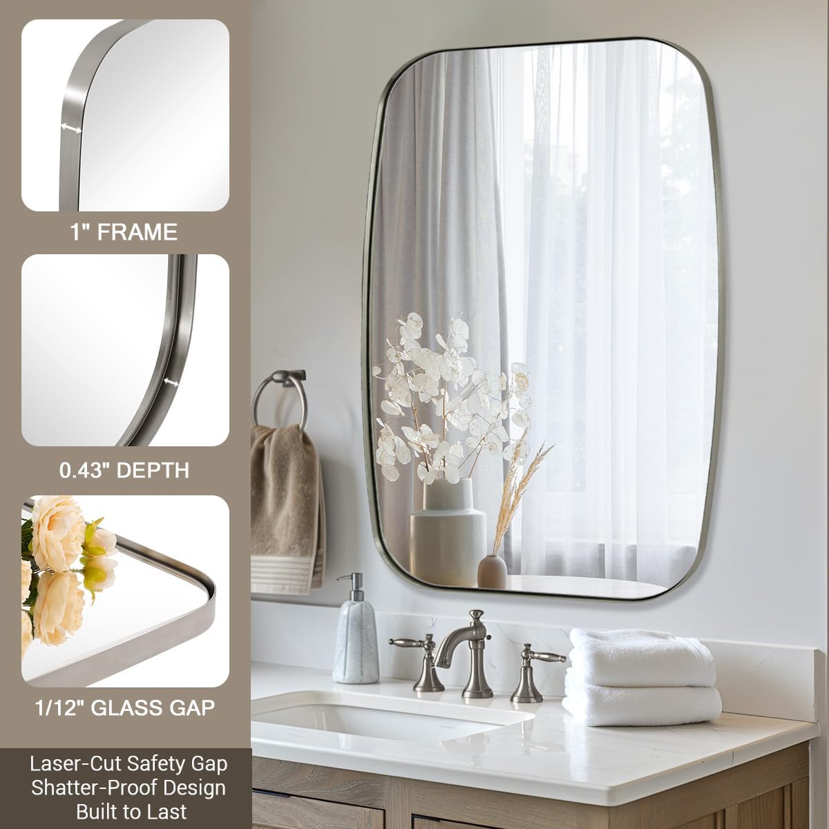 ANDY STAR Brushed Nickel Bathroom Mirror, 20x30’’ Oval Mirror for Bathroom, Brushed Nickel Oblong Mirror with Metal Frame Wall Mounted for Living Room, Bedroom