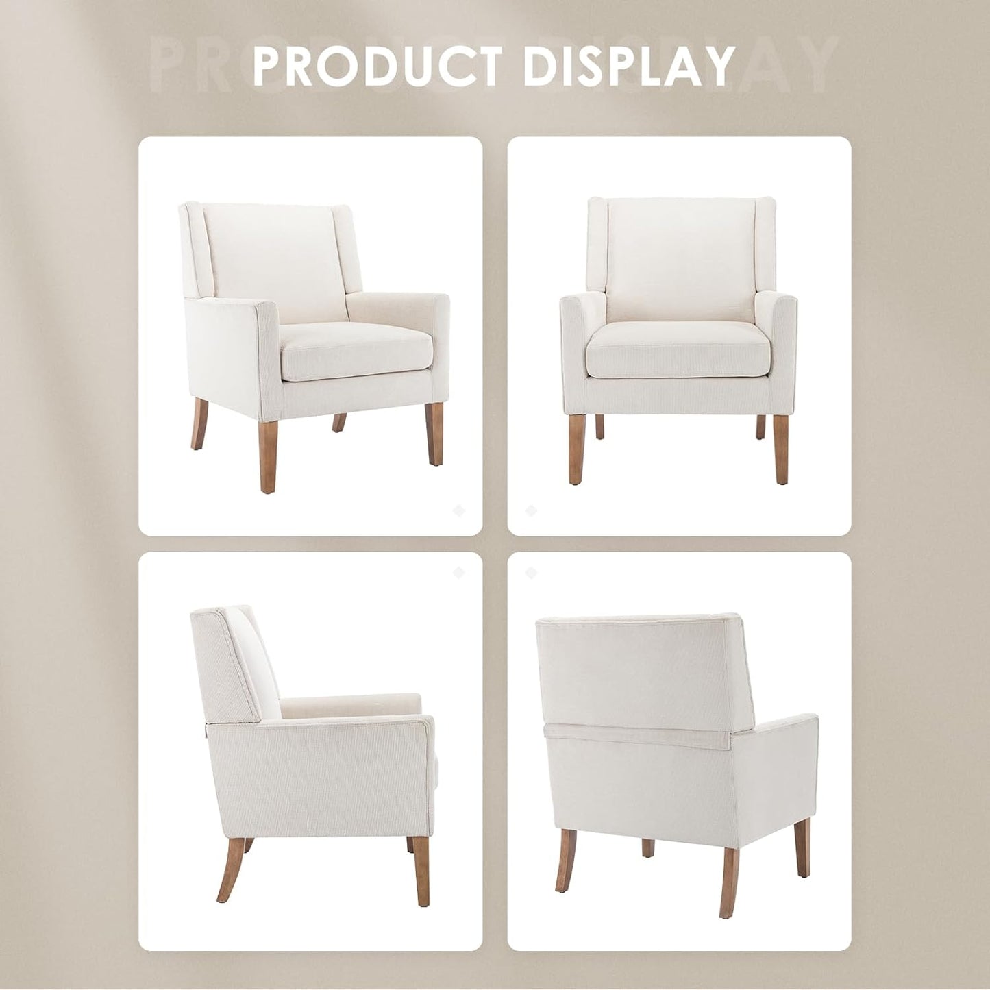 COLAMY Modern Wingback Living Room Chair Set of 2, Upholstered Fabric Accent Armchair, Single Sofa Chair with Lounge Seat and Wood Legs for Bedroom/Office/Reading Spaces, Beige