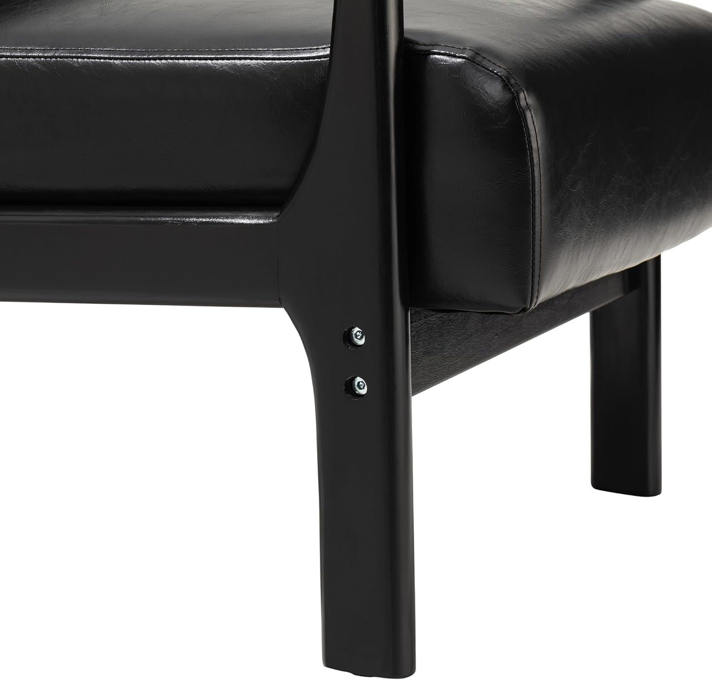 Glitzhome Accent Armchair with Walnut Ruberwood Frame, Black PU Leather Lounge Chair for Living Room