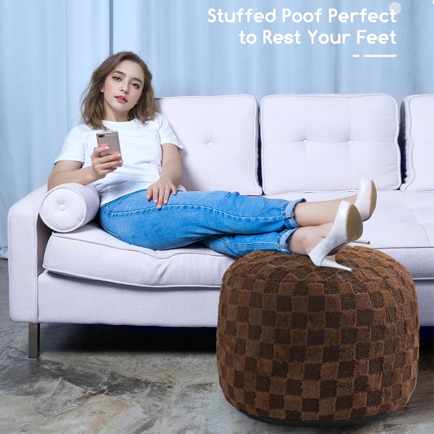 HIGOGOGO Round Stuffed Pouf Ottoman, Plaid Poufs with Foam Chunk Filling, Fluffy and Furry Pouf Foot Stool Storage Ottoman, 26 X 18 Floor Poufs Foot Rest for Living Room, Coffee