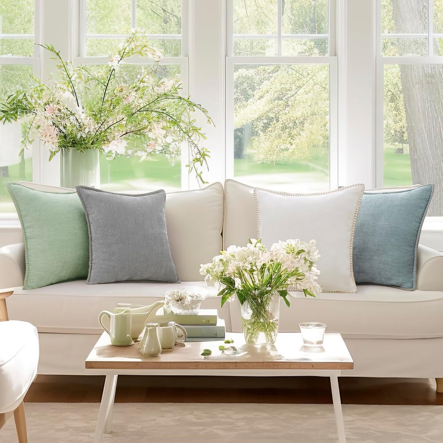 decorUhome Chenille Soft Throw Pillow Covers 22x22 Set of 2, Farmhouse Velvet Neutral Decorative Euro Pillow Covers with Stitched Edge for Couch Sofa Bed Home Decor, Neutral Gray