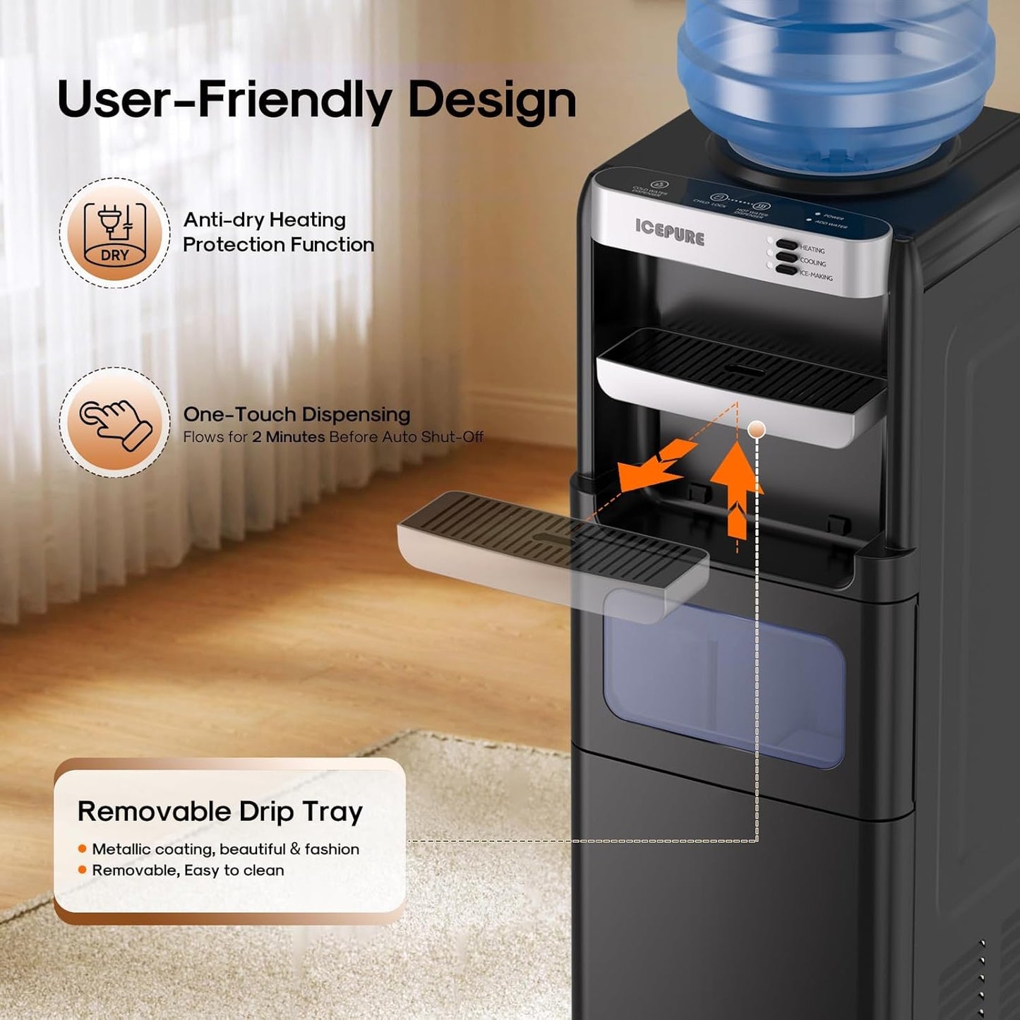 ICEPURE 3-in-1 Water Dispenser with Ice Maker, Water Cooler Dispenser for 5 Gallon Bottle Built-in Bullet Ice Maker Top Loading, Hot and Cold Water Dispenser for Home/Office, 33lbs/24H, Child Lock