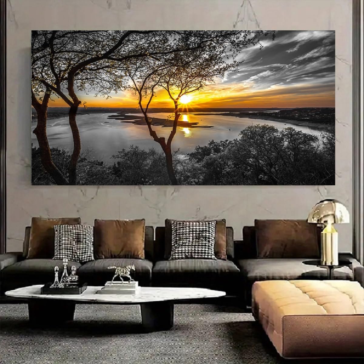 Bamdeya Large Wall Art Living Room Black and White Landscape Tree Canvas Wall Art Lake Print Art Forest Gold Sunset Poster Picture Natural Scenery Painting Bedroom Wall Decor Home Office Decorations