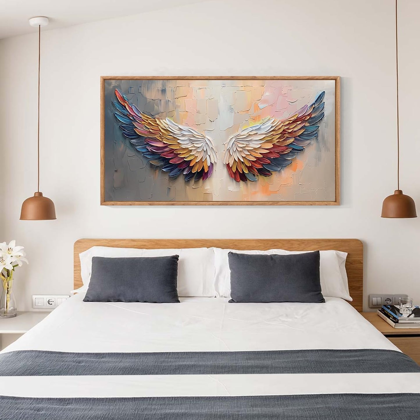 Aurlan Angel Wings Hand Painted Framed Wall Decor(40"x20"), Large Abstract Colorful Feather 3D Textured Oil Painting Canvas Artwork, Modern Contemporary Inspirational Wall Art for Living Room Bedroom