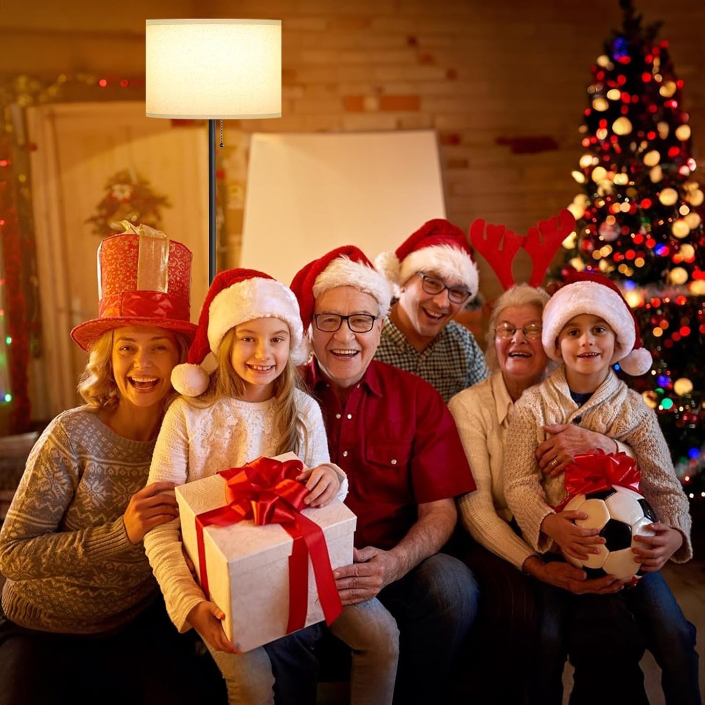 Ambimall Floor Lamps for Living Room with 3 Color Temperatures Bulb & Pull Chain Switch, 60" Modern Standing Floor Lamp for Bedroom Kids Room Study Room(Dark Beige Shade & Black Pole)