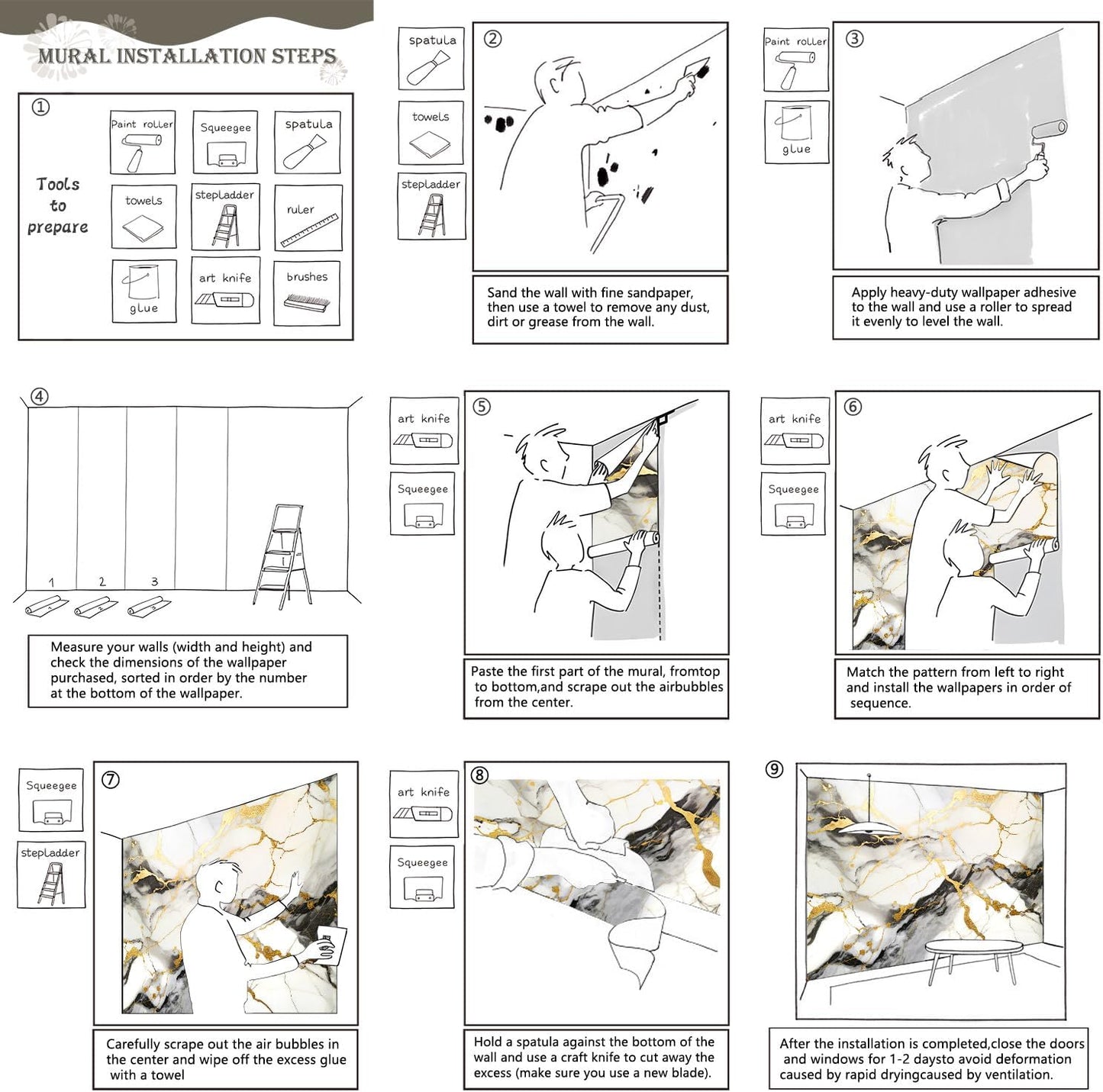 AFZEVEB-Black and Gold Marble Wallpaper Wall murals for Bedroom 182"x120" (Not Peel and Stick)