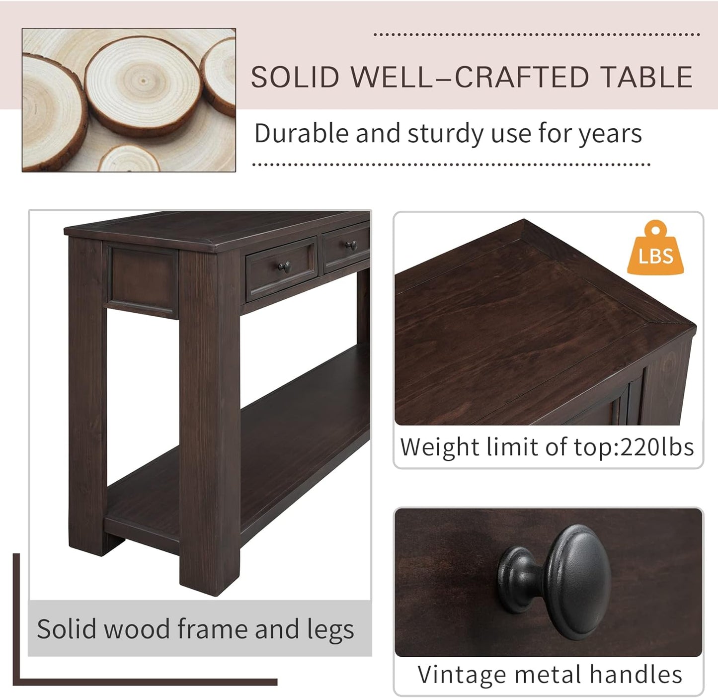 63" Solid Wood Console Table Sofa Table with Storage Drawers and Bottom Shelf,Farmhouse Entryway Table for Hallway Foyer,Sofa Couch Table,Fully Assembled (63" Espresso)