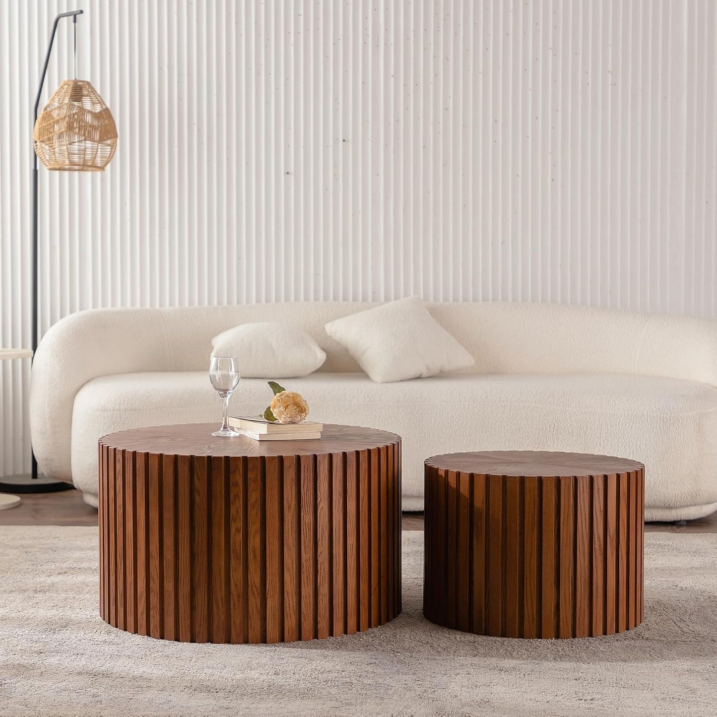 Round Nesting Coffee Table Brown Round Fluted Coffee Table Set of 2 for Living Room Small Circle Drum Nested Coffee Tables (Brown 27in)
