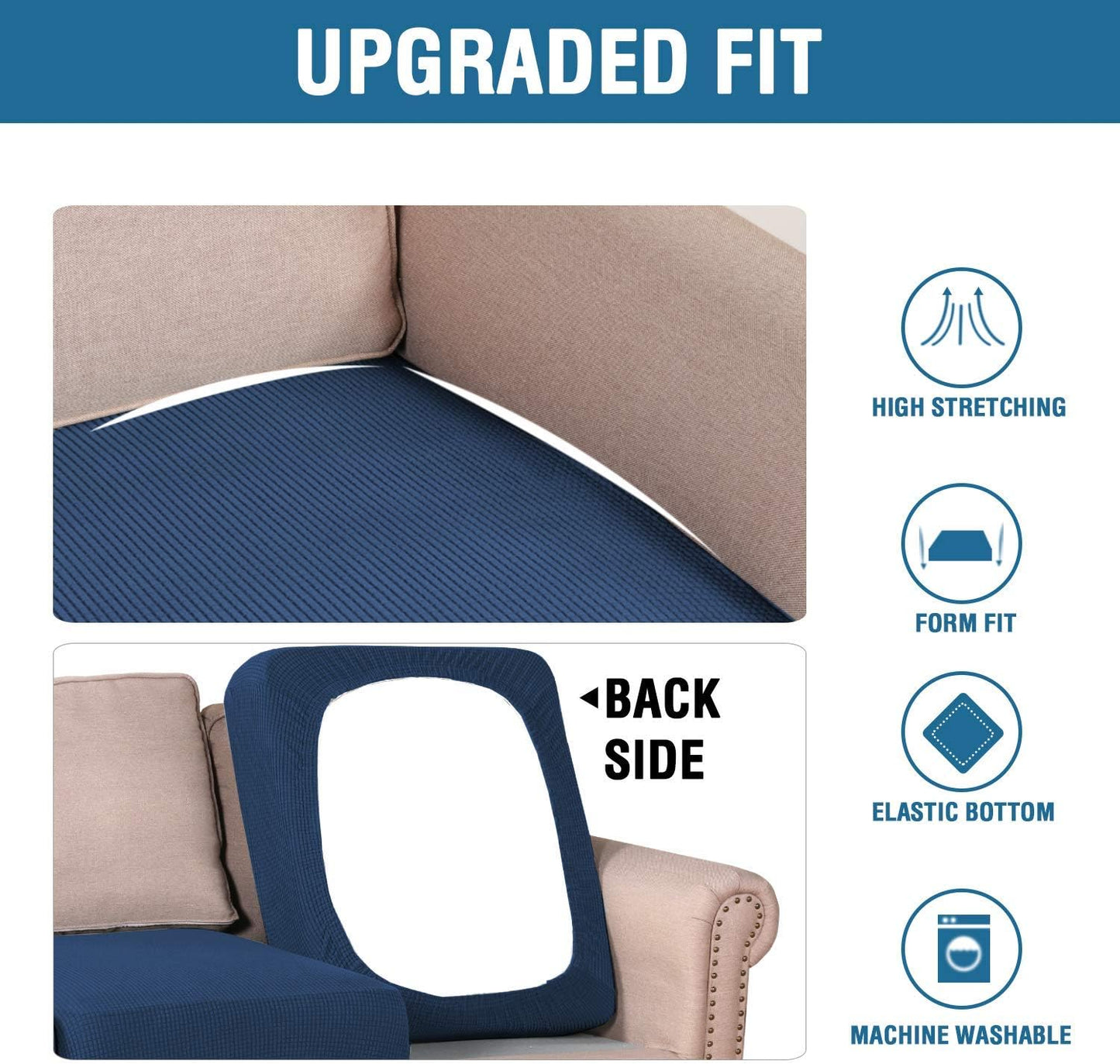 H.VERSAILTEX Super Stretch Individual Seat Cushion Covers - 2 Piece Large Sofa Cushion Covers, Navy, Thick Jacquard Textured Twill Fabric Sets