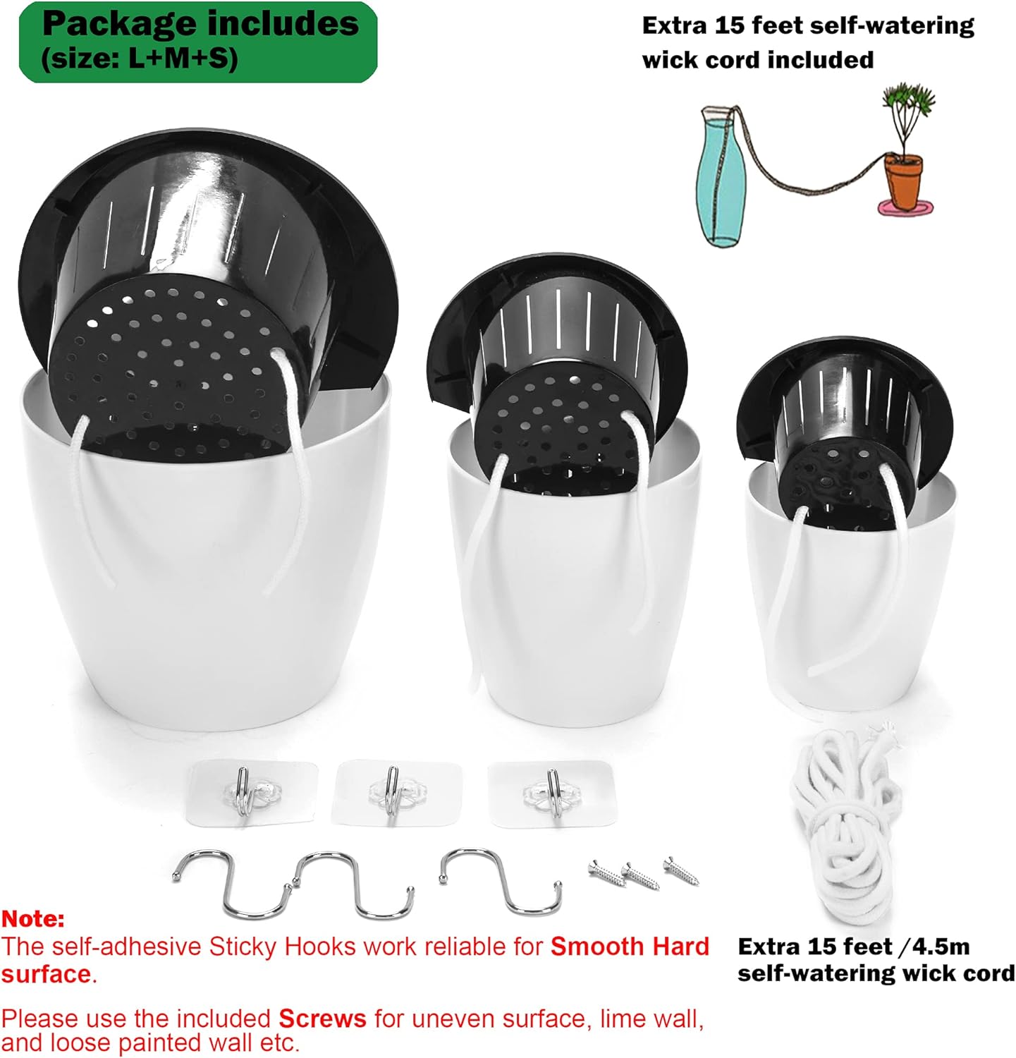 3 Pack Self Watering Wall Hanging Planter Pots Vertical Garden Window Hang Mount Indoor Outdoor Plant Flower Basket for Kitchen Herbs Balcony Railing Shelf Fence Bedroom Trellis Decor Modern White Box