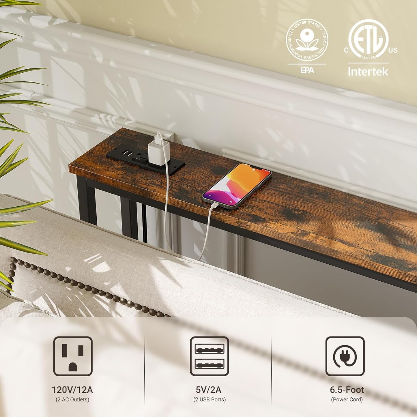 ELYKEN 5.9" Narrow Console Sofa Table with Power Outlets and USB Port, 5.9" Dx39.4 Wx31.1 H Long Behind Couch Table with Metal Frame and 6.5’ Extension Cord, Rustic Brown
