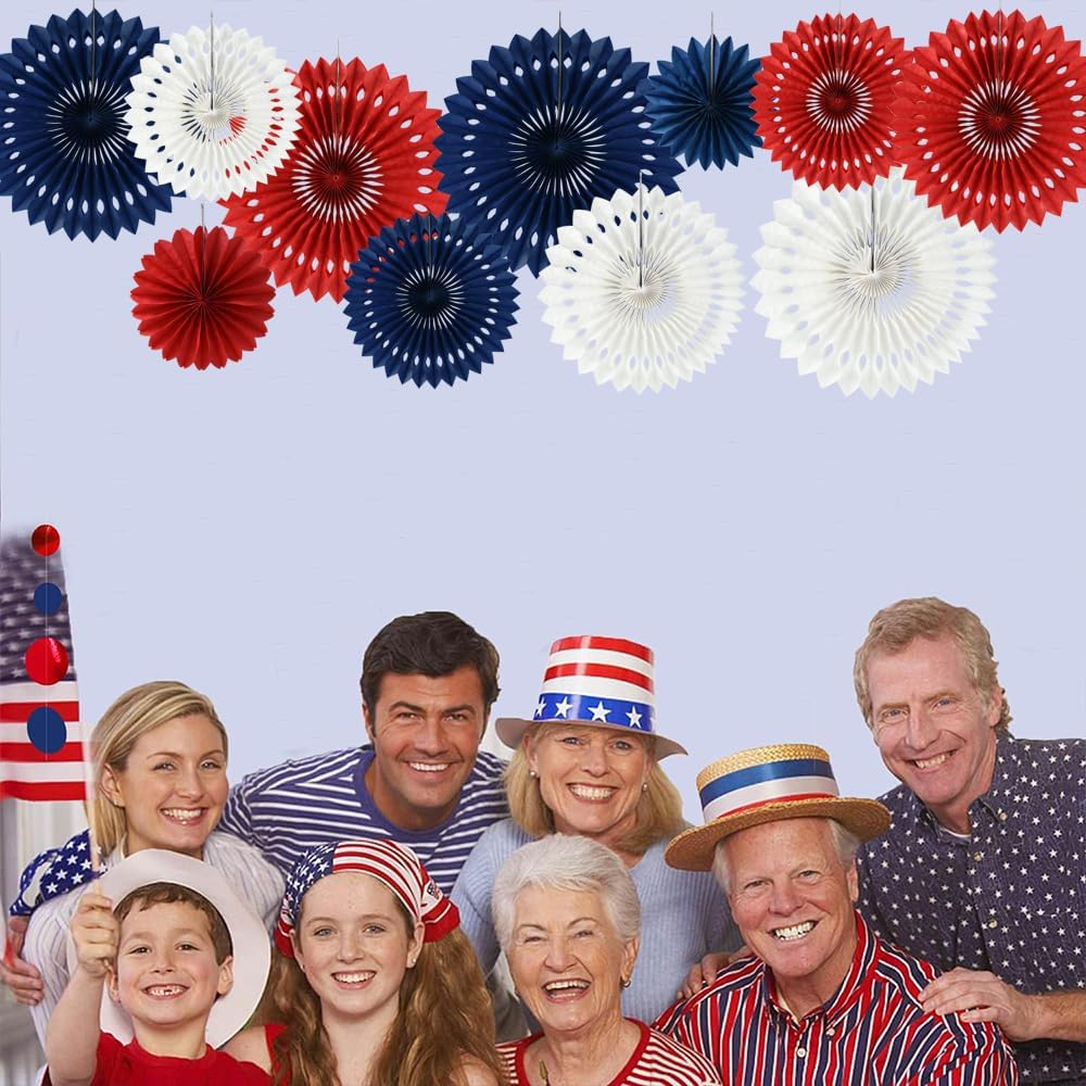 BEISHIDA Red White Blue Hanging Honeycomb Round Paper Fans Decoration Patriotic Theme Tissue Paper Fan Garland for Baby Shower Kid Birthday Graduation Wedding Party Supplies(11packs)