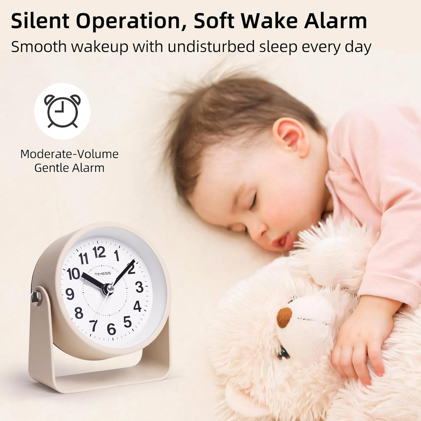 Analog Alarm Clock, Silent Non-Ticking Quartz Movement, Battery-Operated with Snooze & On-Demand Light, Easy to Set Gentle Wake Bedside Desk Clock, Ideal for Home, Travel, Office (Yellow)