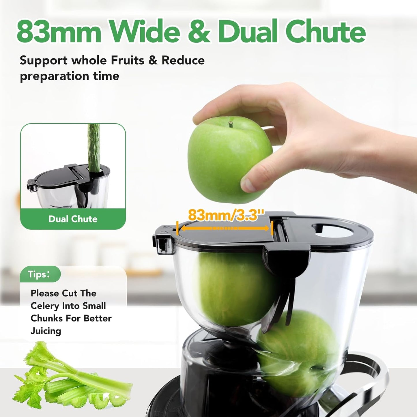 Cold Press Juicer,Aeitto Slow Masticating Juicer with Wide & Dual Feed Chute for Vegetables and Fruits, High Juice Yield, Self Feeding for Juice Extractor, BPA-Free, Dark Green