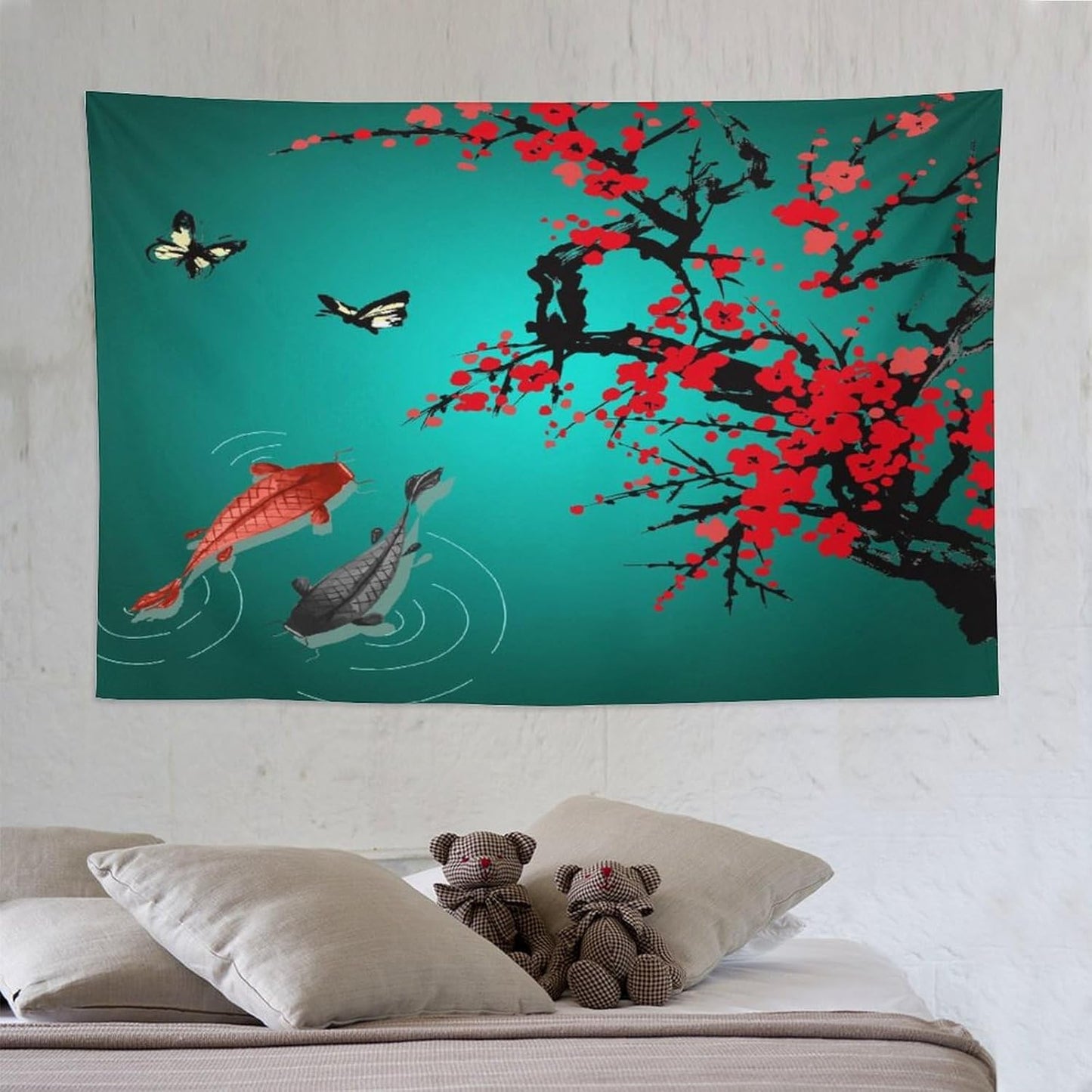 Houselerax Japanese Koi Fish Tapestry, Cherry Blossoms Asian Oriental Green Teal Floral Branch Koi Fish Carp Tapestries Wall Hanging for Bedroom Living Room Office Decor 90"x60"