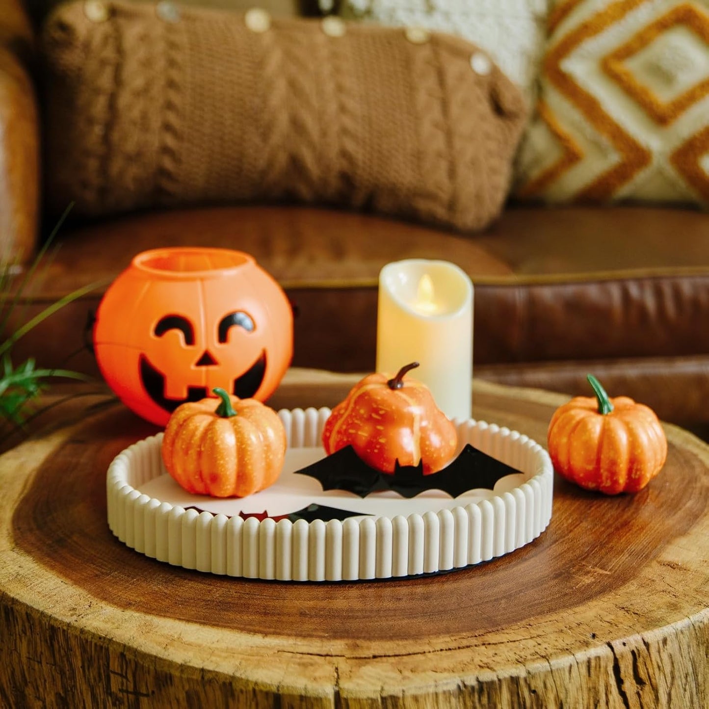 11.8in Decorative Tray for Coffee Table Decor- Modern Oval Concrete Tray for Home Decor- Minimalist Handcrafted Centerpieces Tray for Living Room, Kitchen Dining Table, Entryway (Beige)