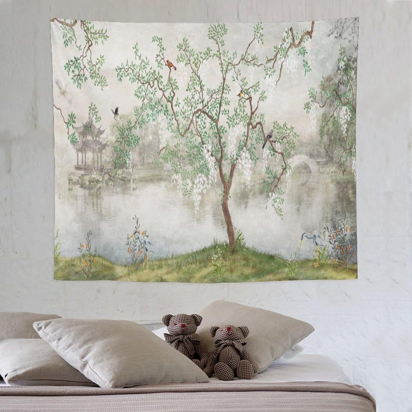 HZOHNAGO Japanese Tapestry Tree Misty Garden Lake Printed Wall Tapestry Ink Painting Wall Hanging for Bedroom Living Room Dorm 60" W x 50" H