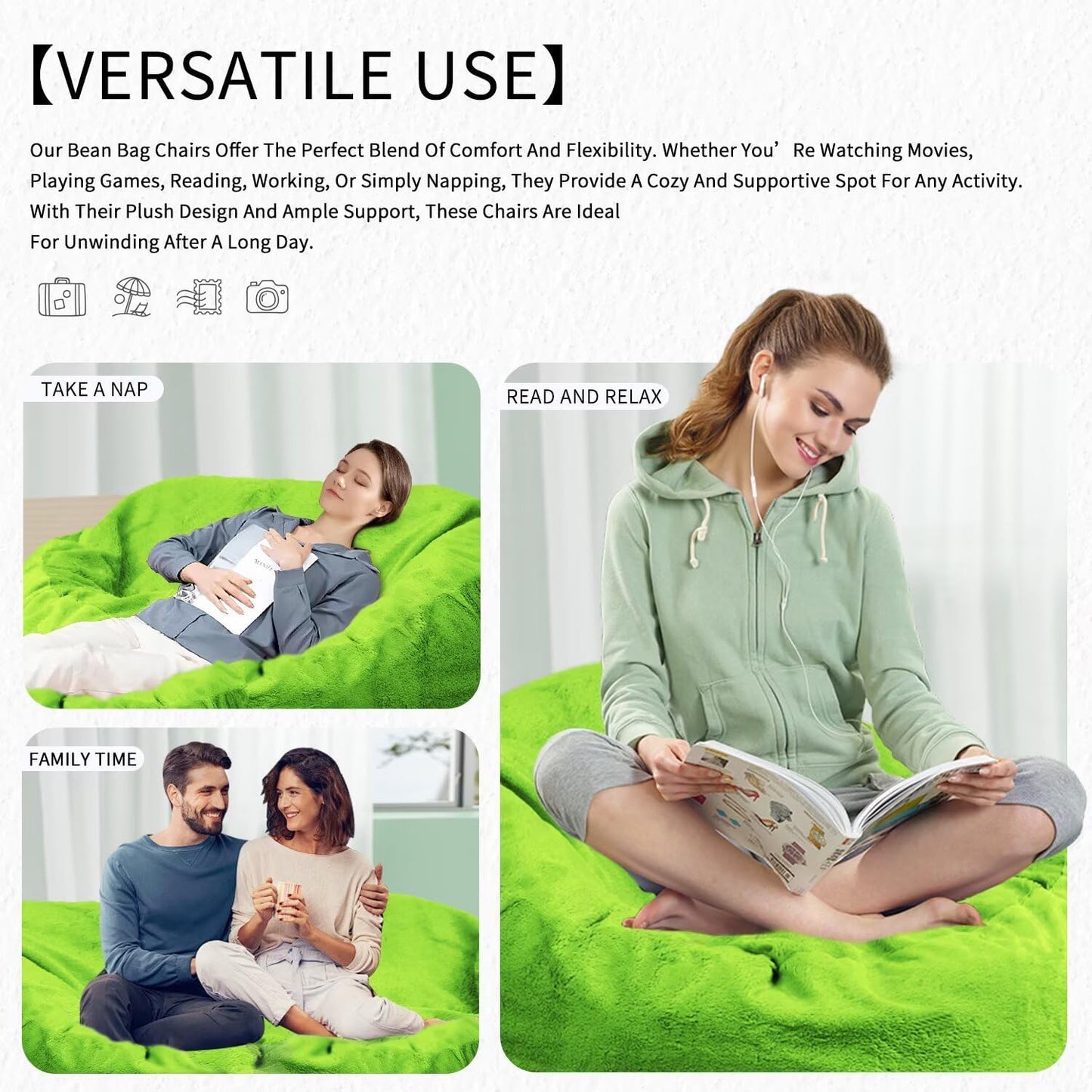 Bean Bag Chair for Adults 8FT,Soft Removable Cover for Teens/Girls Bedroom,Fluffy Giant Round Floor Beanbag Lounger Chairs (No Filler,Green)