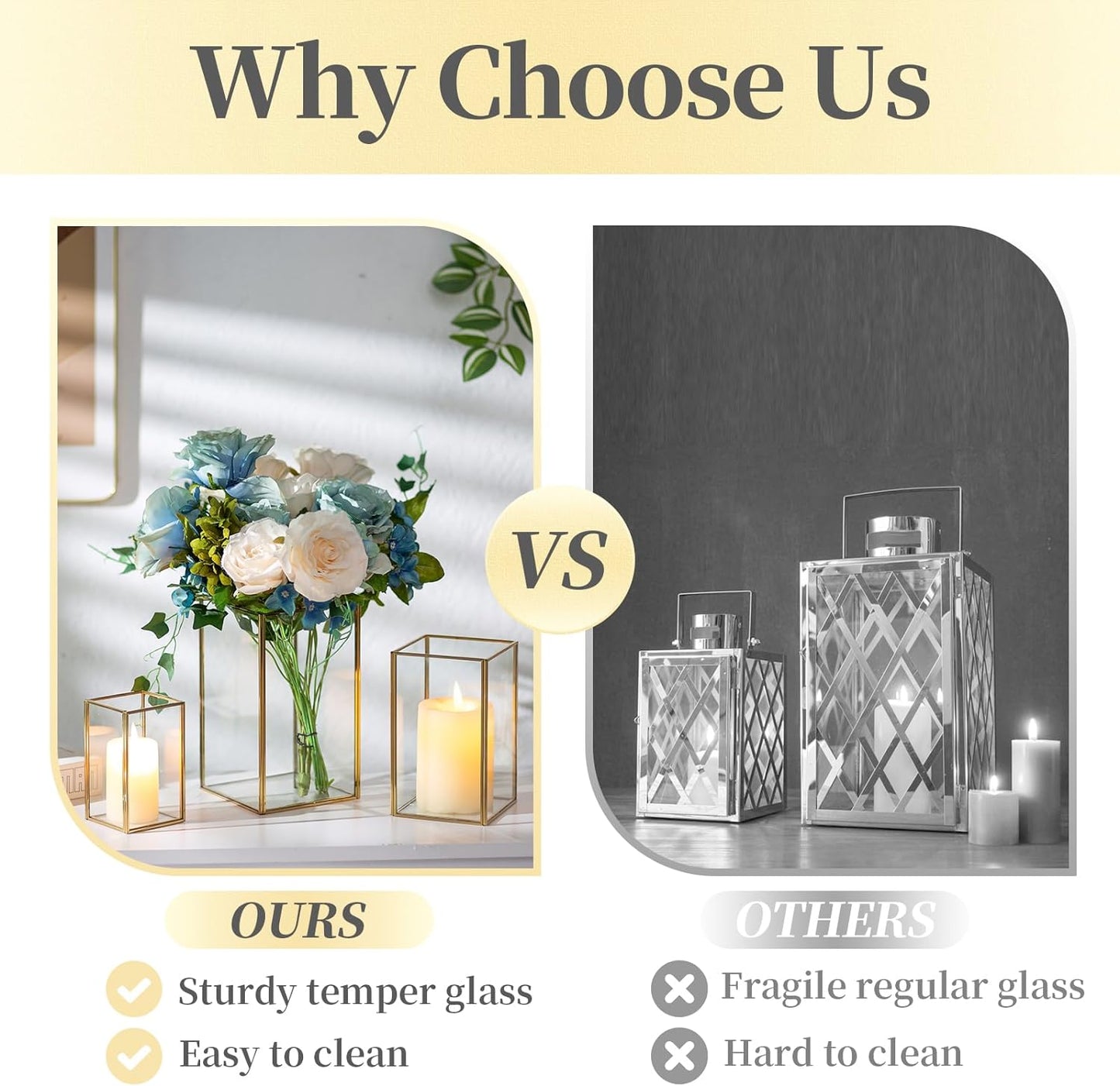 Glass Hurricane Candle Holder Large - Hewory 6pcs Gold Rectangle Flower Holders Centerpiece for Table, Tall Floor Square Pillar Candle Lantern for Wedding, Anniversary, Party, Fireplace, Dining Room