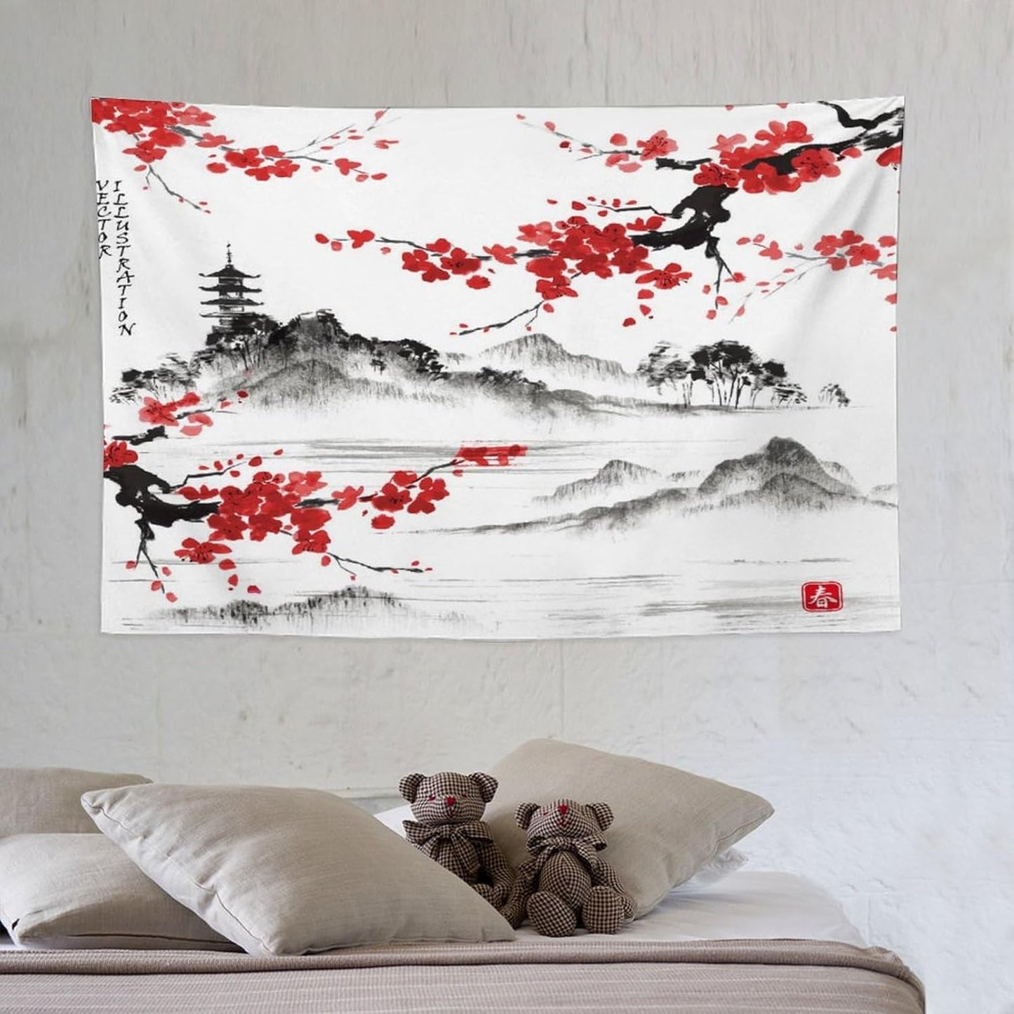 Cherry Blossoms Tapestry, Japanese Fuji Mountain Tapestry, Asian Japanese Wall Tapestry, Nature Landscape Tapestries for Bedroom Living Room Decor 60"x40"