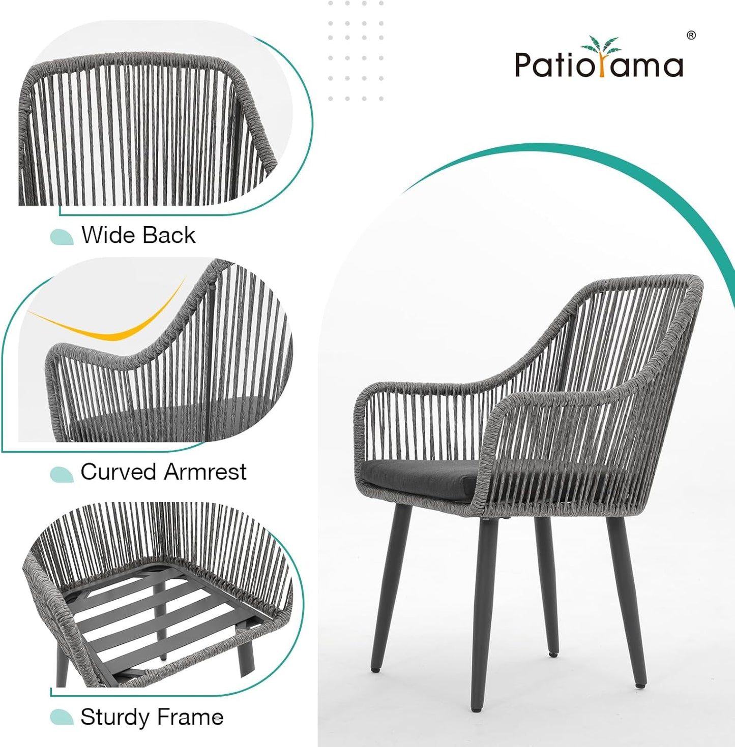 Patiorama Outdoor Dining Chairs, Patio Dining Chair Set of 6, All-Weather Woven Rope Rattan Chairs, Outdoor Dining Wicker Chairs with Armrests for Indoor Balcony Pool Backyard(Gray)