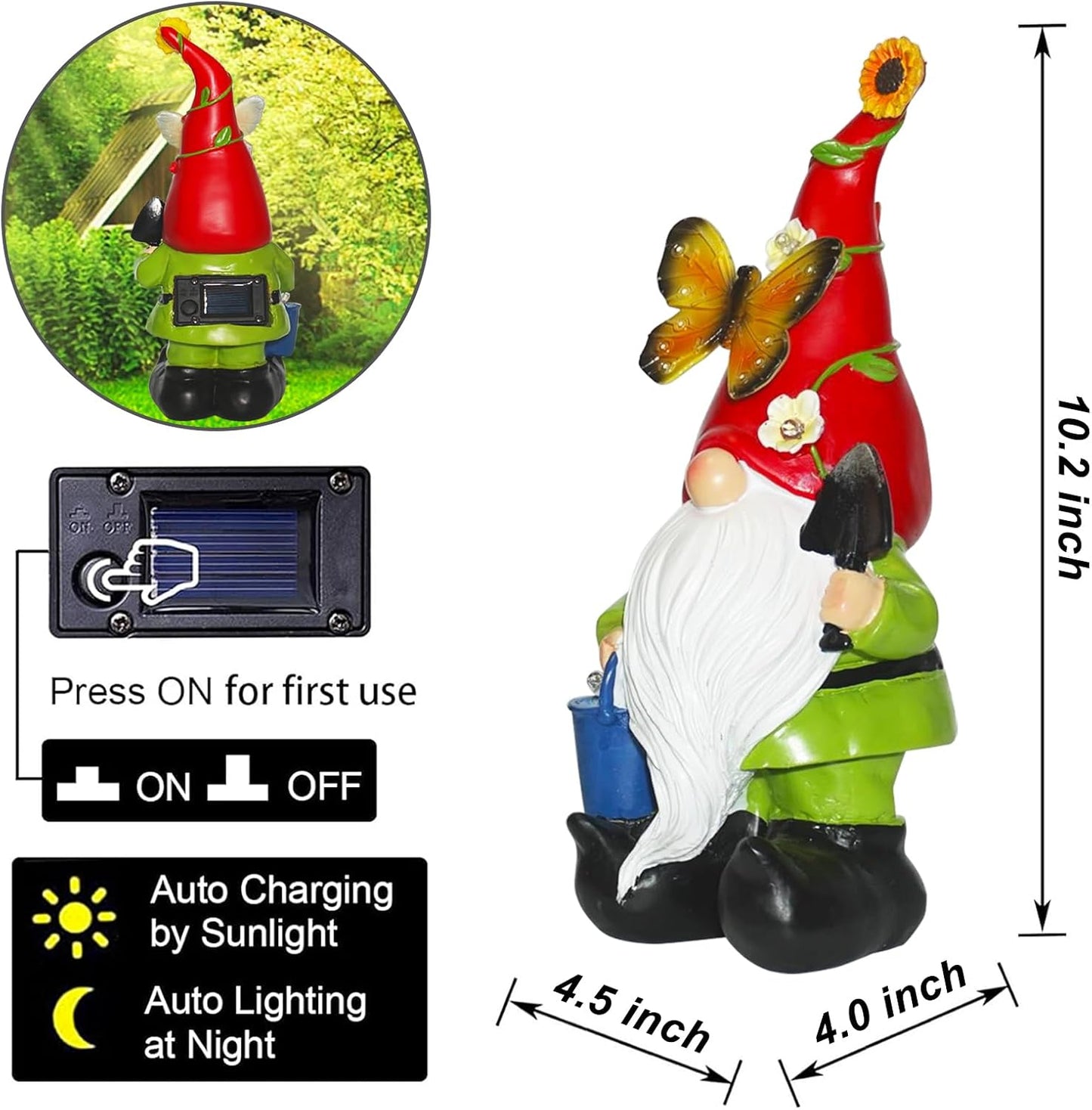 Gnomes Garden Statues Decor, Solar Waterproof Large Gnome with LED Lights Funny Garden Sculptures Outdoor Patio Yard Decorations Lawn Ornaments Gifts for Women Mom