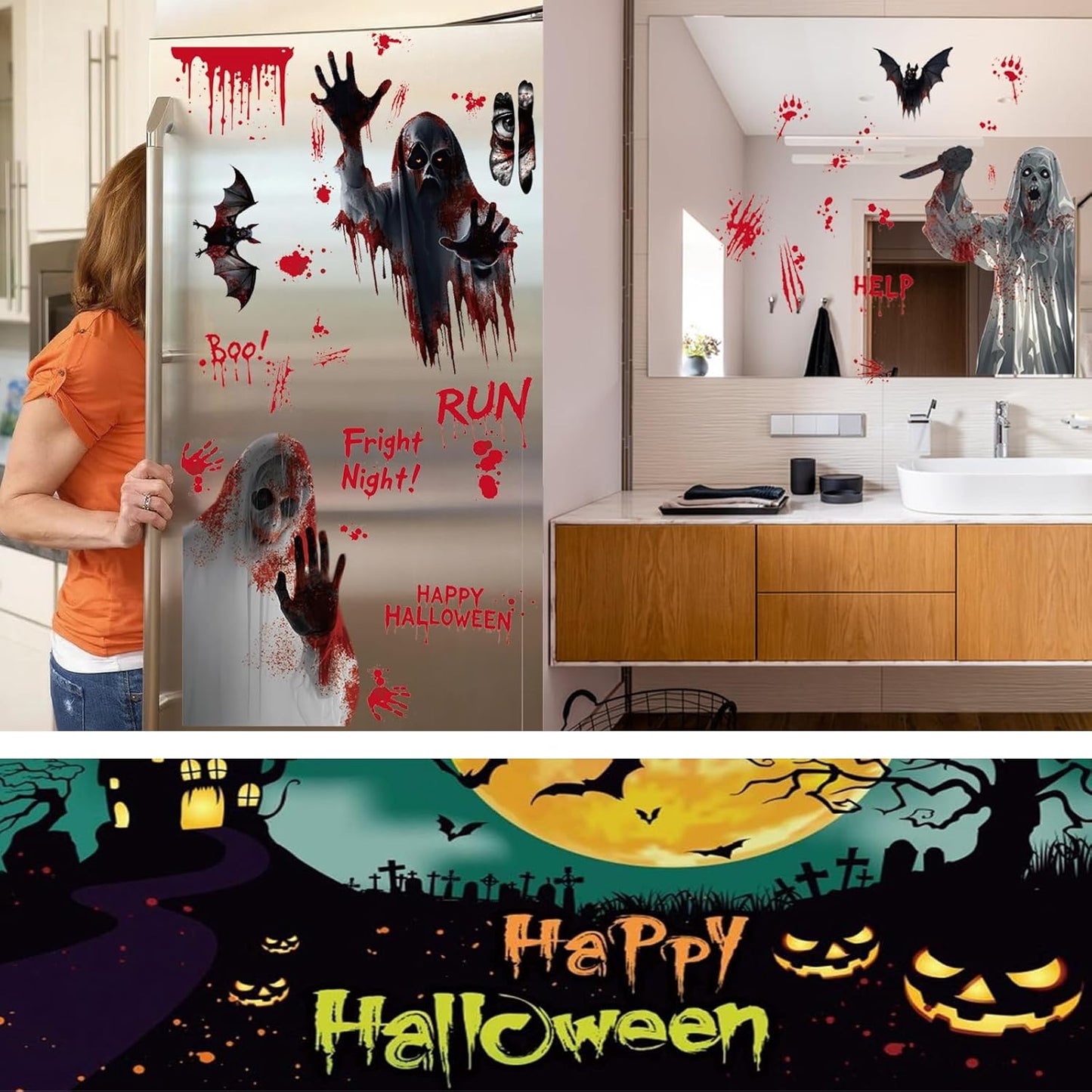 Bloss Halloween Window Clings for Glass Window Decorations,Double Side Scary Ghosts Halloween Window Stickers,Bloody-Handprint-Footprint Windows Decals for Home/Party Decoration