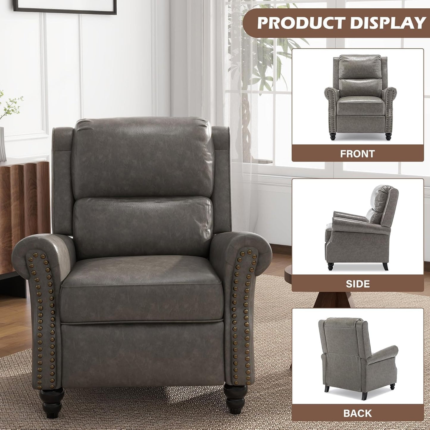 UIXE Pushback Recliner Chairs Set of 2, Faux Leather Armchair Push Back Accent Chair for Living Room, Rivet Trim Club Arm Chair Overstuffed Home Theater Single Sofa Reading Seat with Footrest - Gray