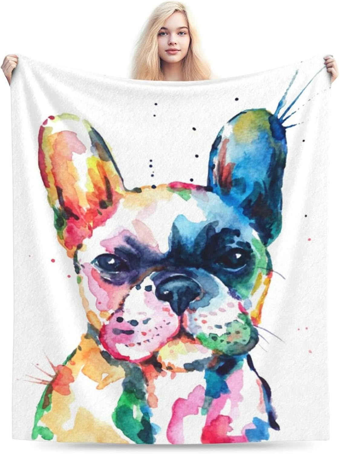 HGOD DESIGNS Watercolor French Bulldog Fleece Throw Blanket Ultra Soft Cozy Blooming Decorative Flannel Blanket All Season for Home Couch Bed Chair Travel 50x60in