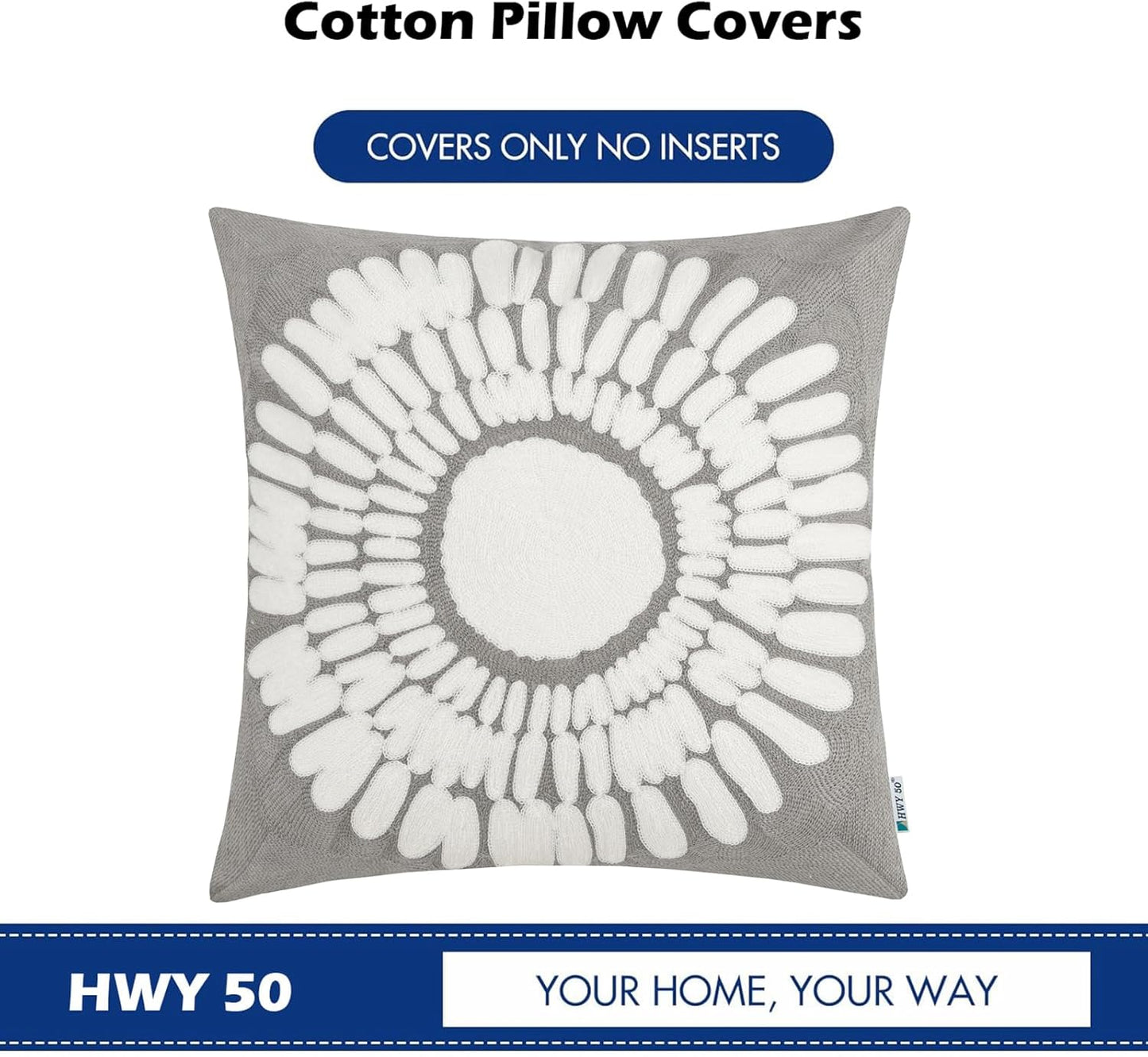 HWY 50 Grey Gray Decorative Throw Pillow Covers 18x18 Inch (1 Piece), Modern Embroidered Cotton Farmhouse Cushion Cover Pillow Case for Couch Living Room Bed Sofa, Sunflower