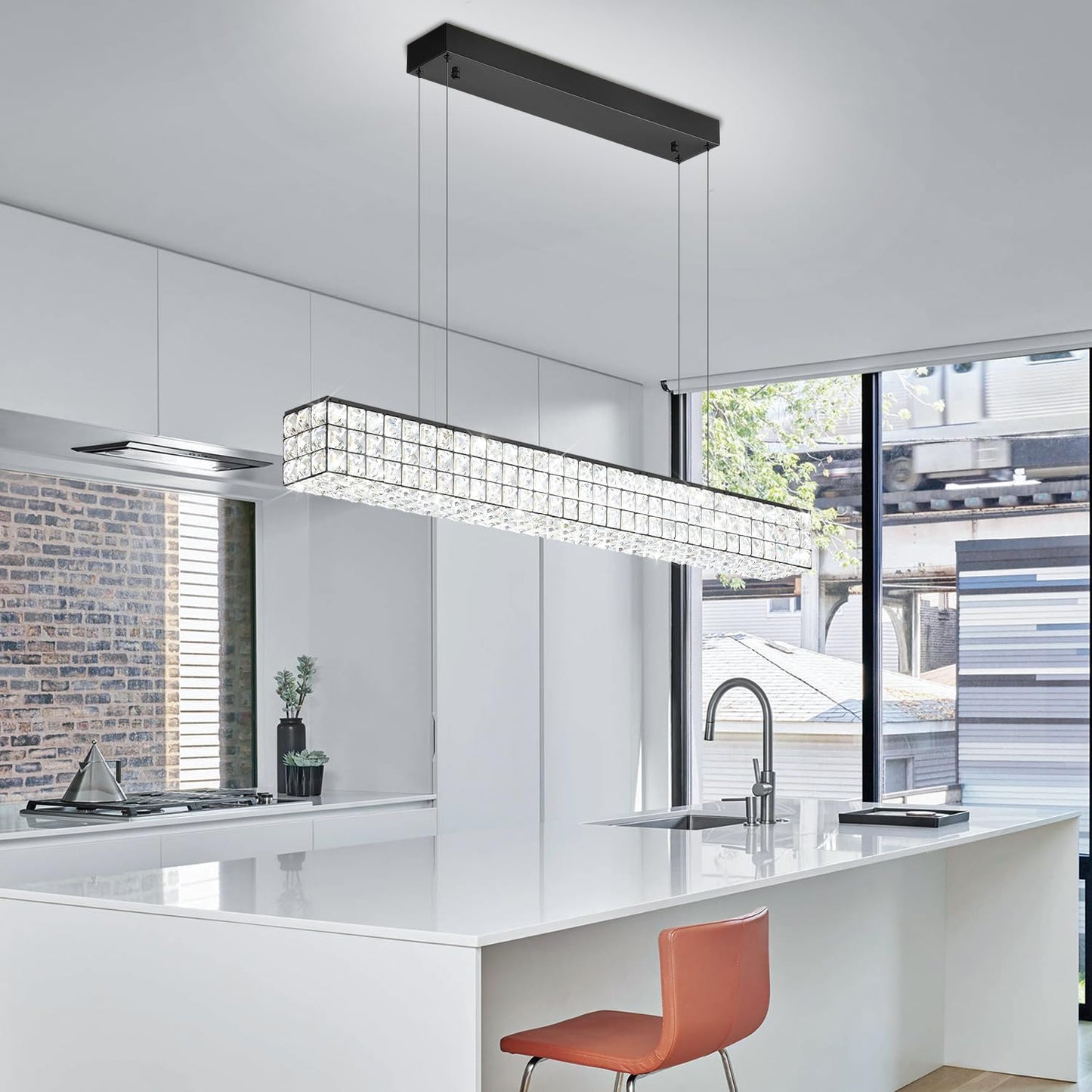 Rectangle Crystal Chandelier Modern Crystal Chandelier Black Rectangular Pendant Lighting Fixture for Dining Room Kitchen Island Bedroom (L 40")