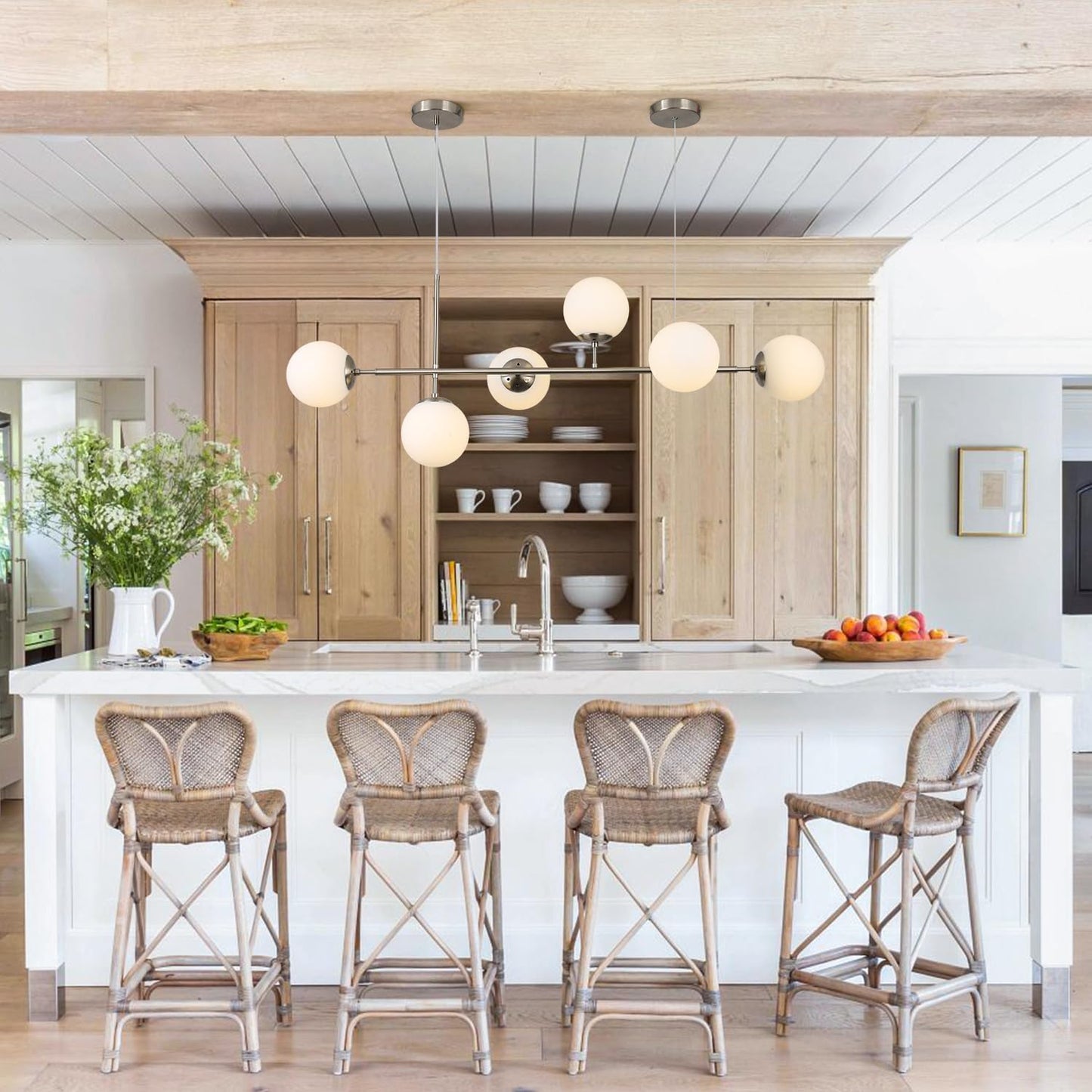 KCO Modern Silver Milk Glass Pendant Light 6 Light Pendant Light Fixture Chandelier Brushed Nickel Chandelier Modern Hanging Linear Light Fixture for Dining Room Kitchen Island