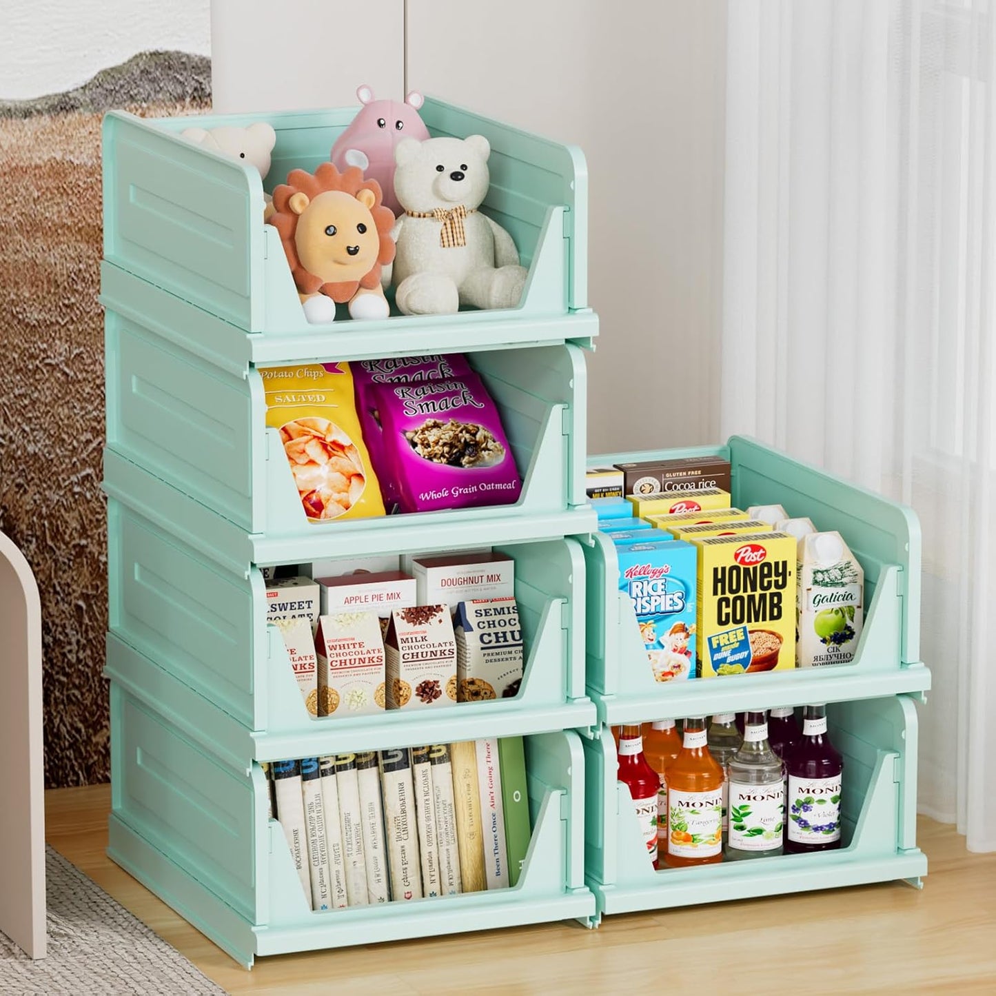 6 Pack Stackable Closet Storage Basket - Stackable Storage Bins, Multifunctional & Foldable Closet Organizer, Wardrobe Cupboard Space-Saving Hat Storage Drawer Organizer, Green