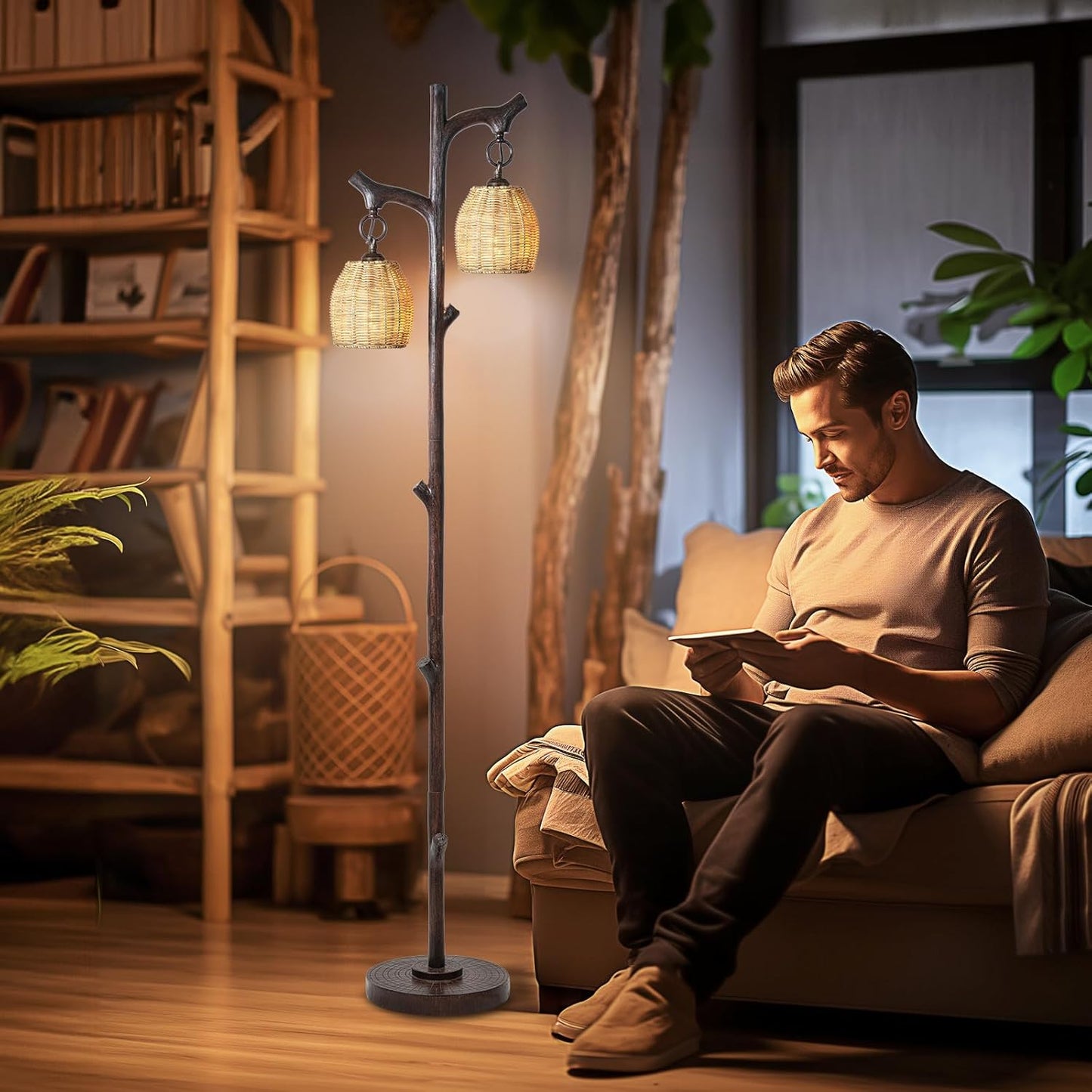 68" High Farmhouse Rustic Country Cottage Floor Lamp Tree Trunk Faux Wood Column Dark Bronze Wicker Drum Shade Decor for Living Room Bedroom Reading Room