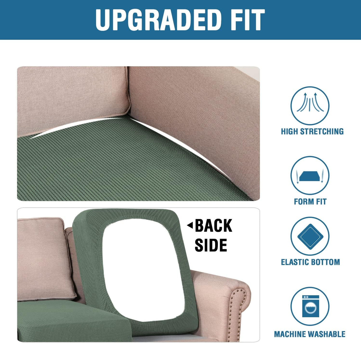 H.VERSAILTEX Super Stretch Individual Seat Cushion Covers Sofa Covers Couch Cushion Covers Slipcover Sets Thick Jacquard Textured Twill Fabric (2 Piece Large Sofa Cushion Covers, Loden Frost)