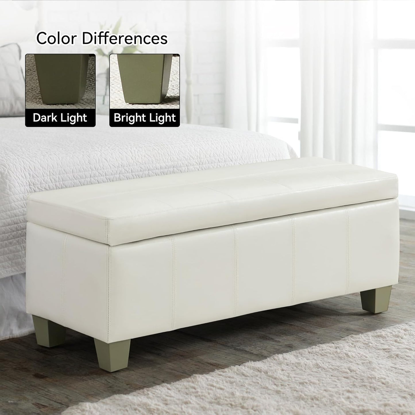 41" Faux Leather Storage Ottoman, Stitch Tufted Rectangle Upholstered End of Bed Storage Bench, Entryway Large Couch Ottoman with Wooden Legs,White