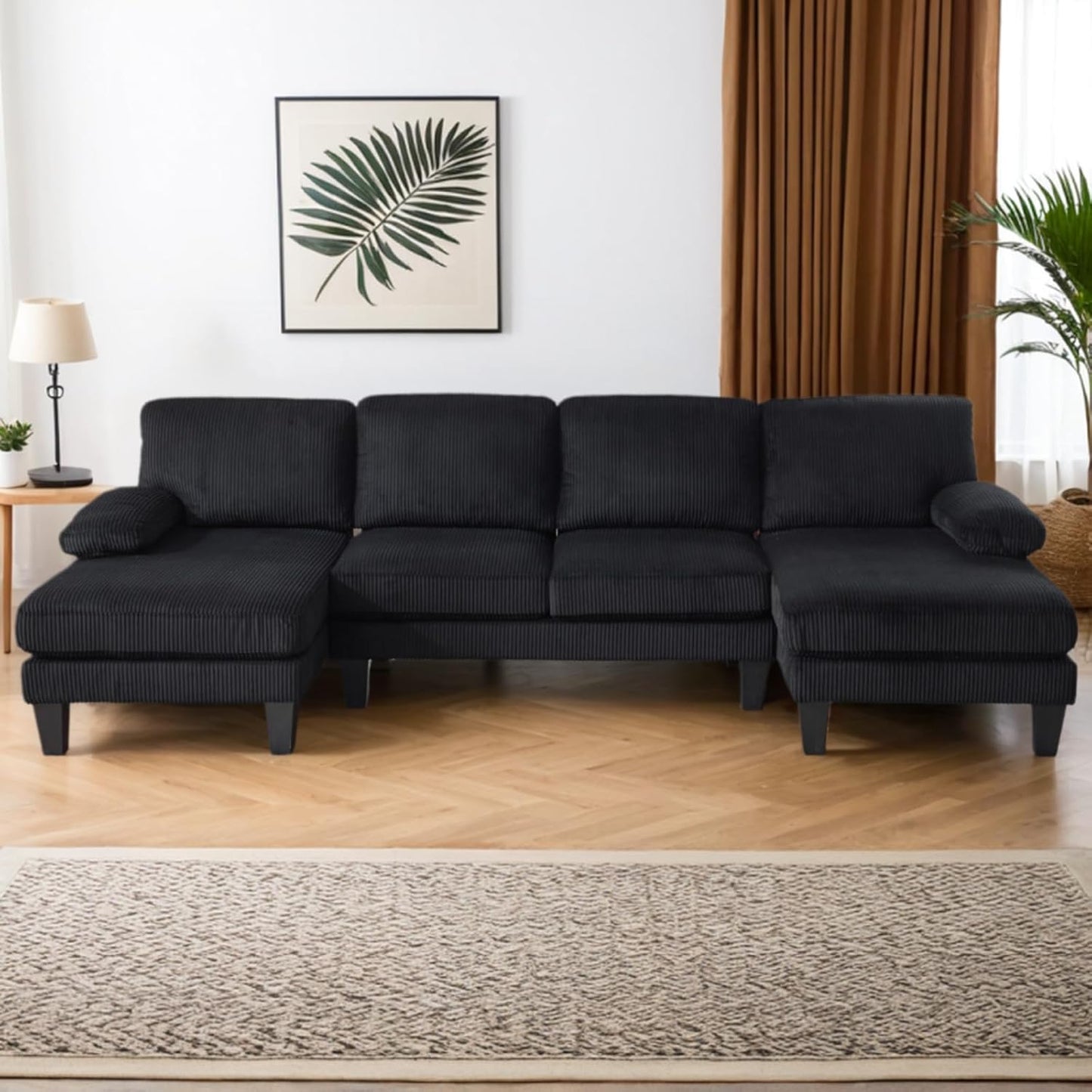 Karl home U-Shape Sectional Sofa Couch 111" Modern 4-Seat Sofa with Chaises Corduroy Fabric Upholstered Covertible Couch with Wood Grain Legs for Living Room, Reception Room, Apartment, Black