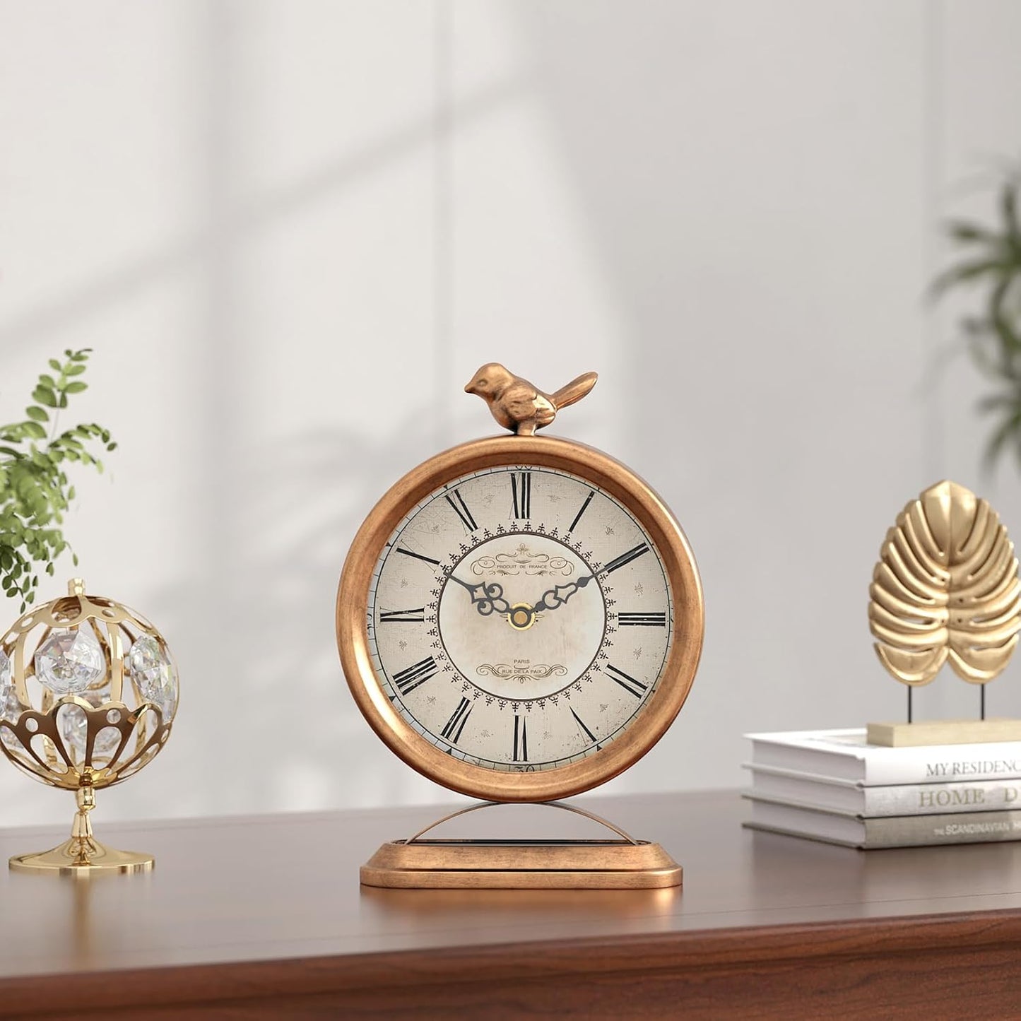 Vintage Table Clock with Bird, European Antique Style Gold Mantel Clocks, Desk and Shelf Decor Clock, for Farmhouse, Bedside, Living Room, Bedroom, Gift (9" H x 6.5" W)