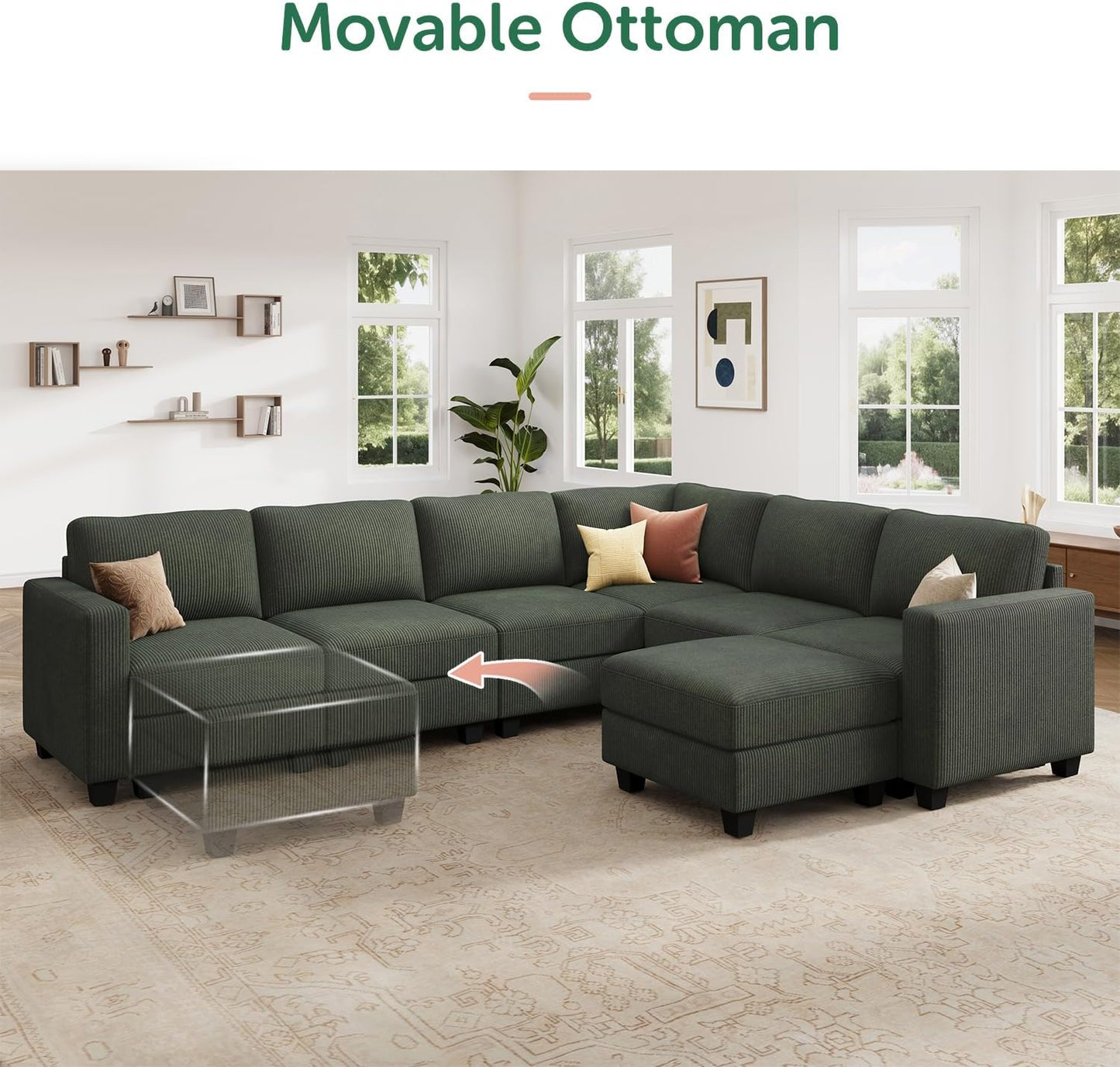 HONBAY Corduroy Sectional Couch with Storage U Shaped Sectional Sofa Modular Sectional Couches for Living Room, Green